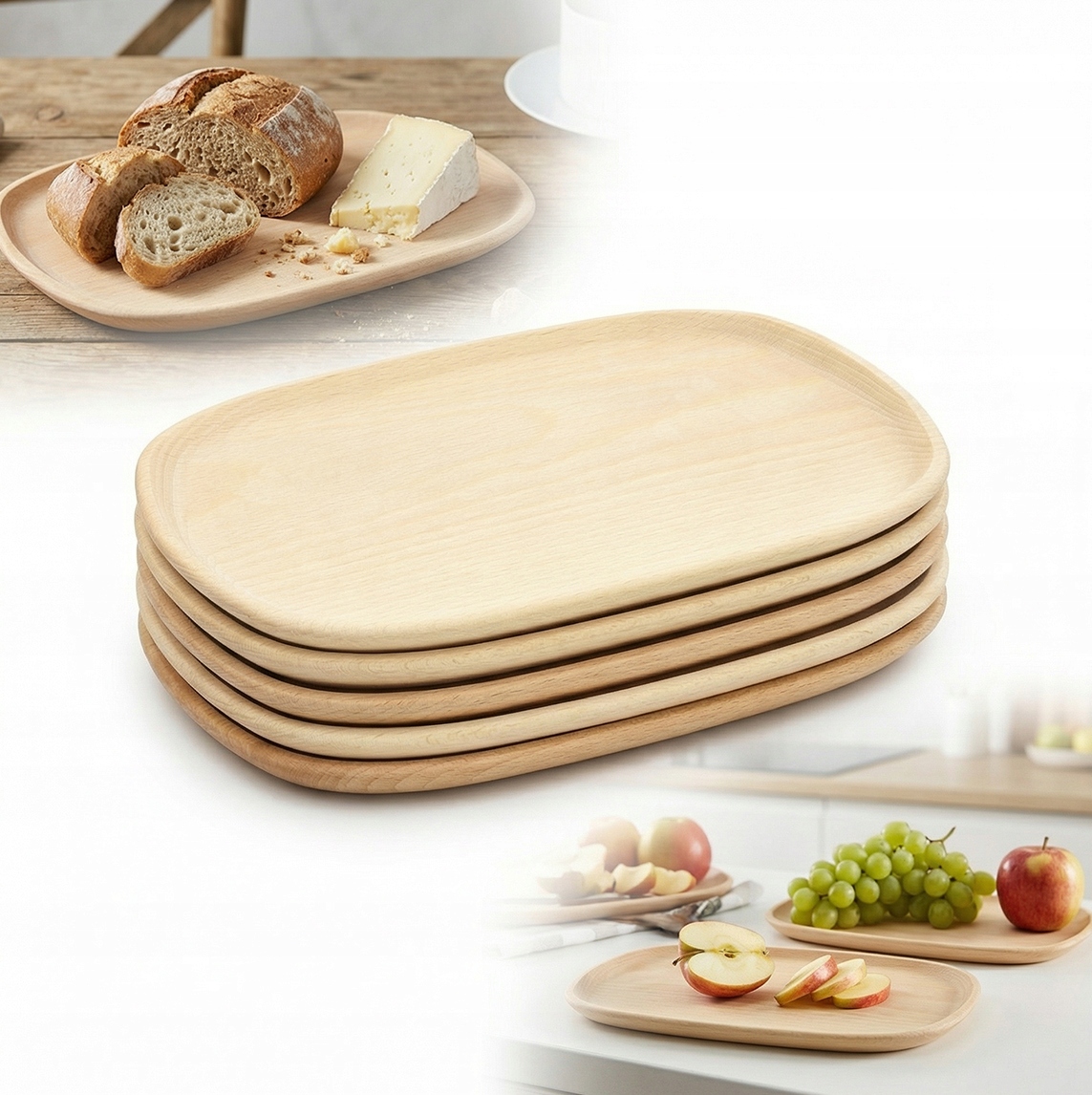 Misky Dřevěné talíře bukové talířky na svačinu 25x17 sada 5ks