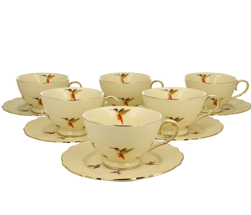 6 šálok na kávu s podšálkami a kolibríkom ecru, porcelán