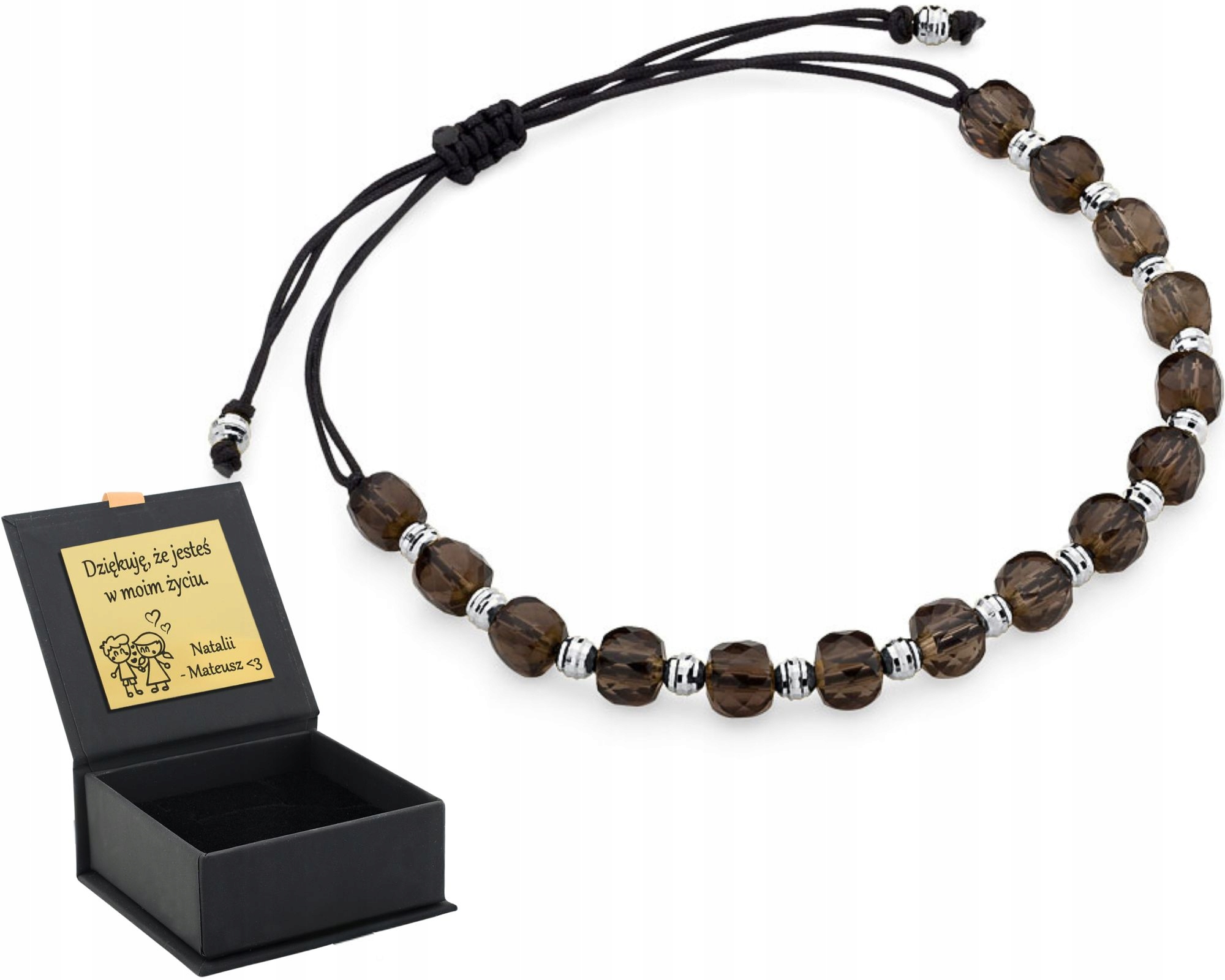 Provázkový Náramek S Hnědou Šňůrkou, Kouřový Křemen A Stříbrné Nařezané Kuličky