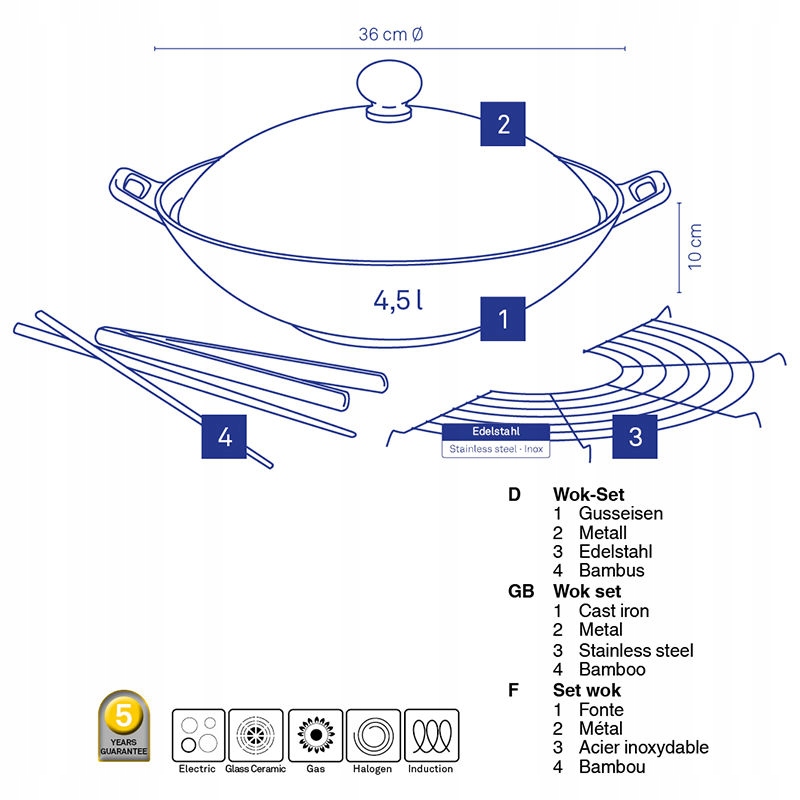 WOK żeliwny 36 cm KELA z pokrywą i rusztem Asia Typ powłoki emaliowana