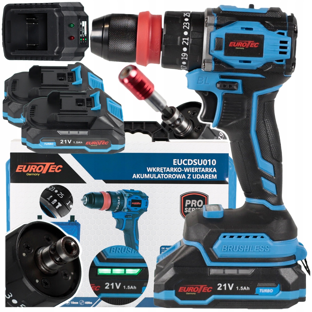 Akumulátorová Aku Vrtačka Bezkartáčová 2x Baterie Nabíječka Sada