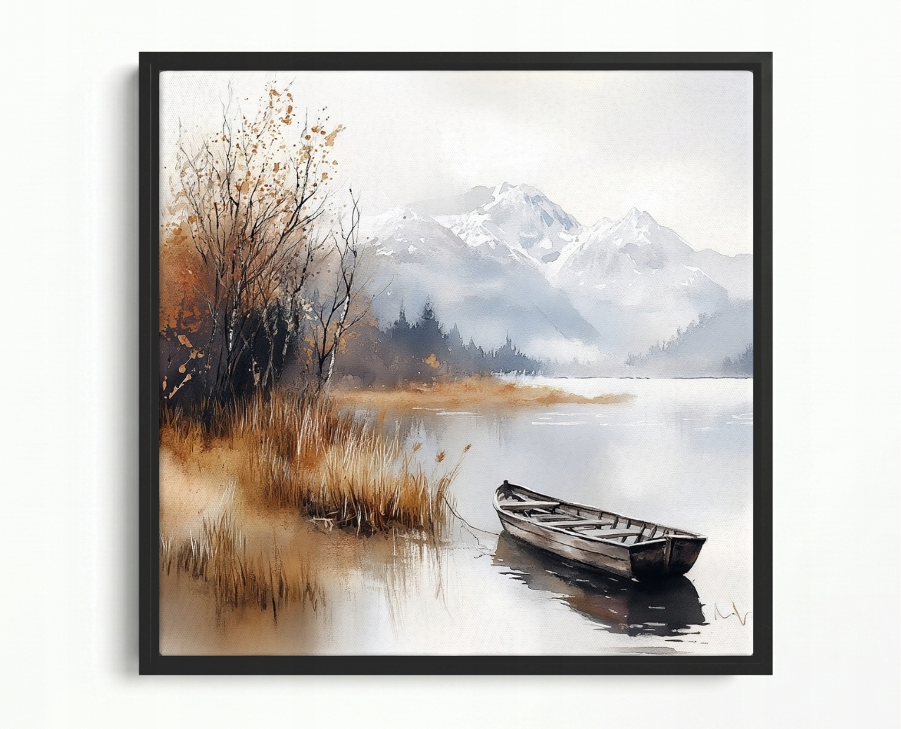 Obraz Rám Americký Box Krajina Venkovní Hory Jezero Loďka Mlha Podzim 40x40