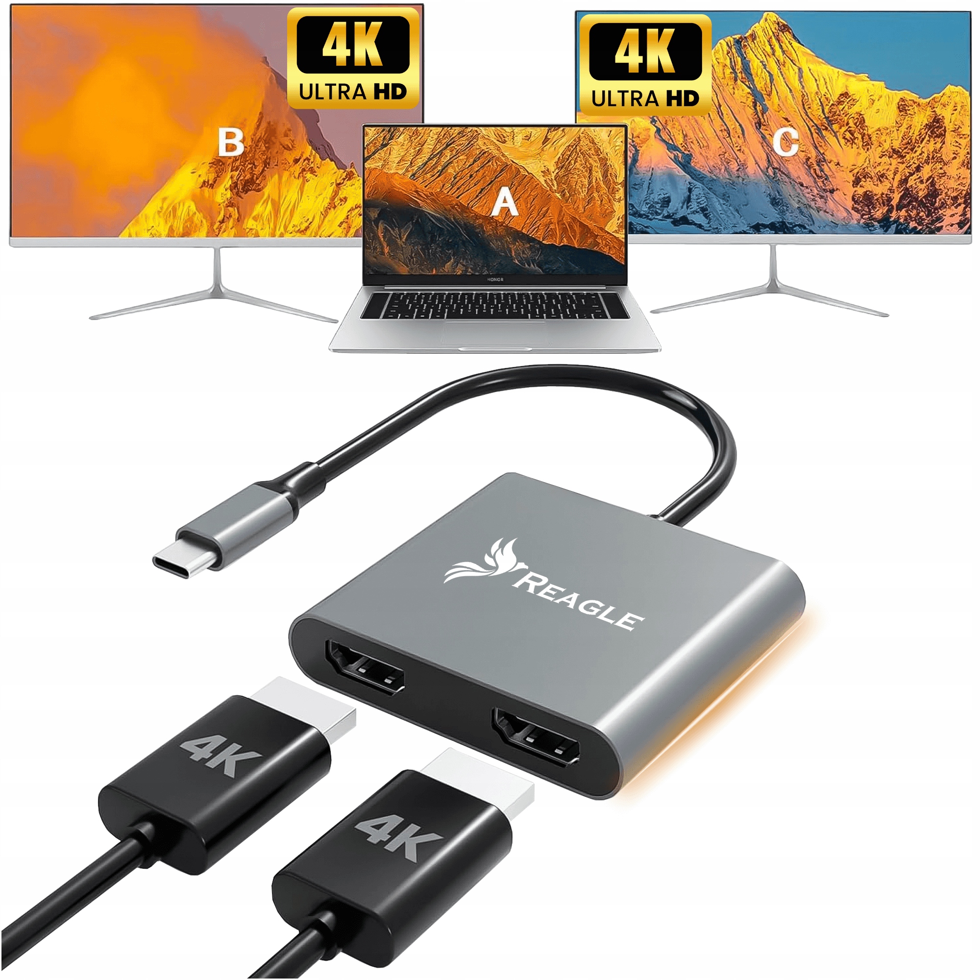 Adapter Hub przejściówka Hdmi 2x 4K 60Hz Full Hd 165Hz Usb-c 3.2 Mst Hdcp