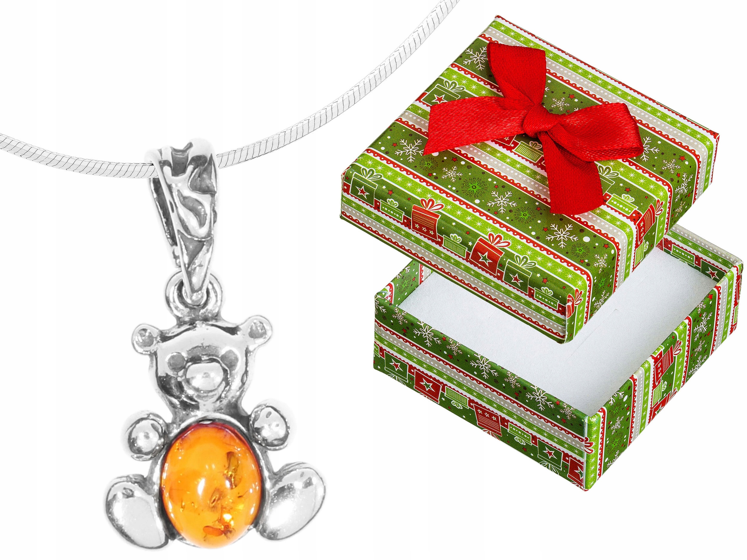 Dlouhý stříbrný dámský náhrdelník s medvídkem Oxidovaný medvídek s jantarem 55