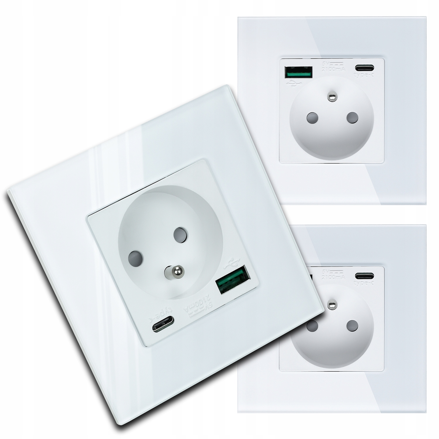 3x Skleněná Bílá Elektrická Zásuvka Kontakt Nástěnná Usb Nabíječka
