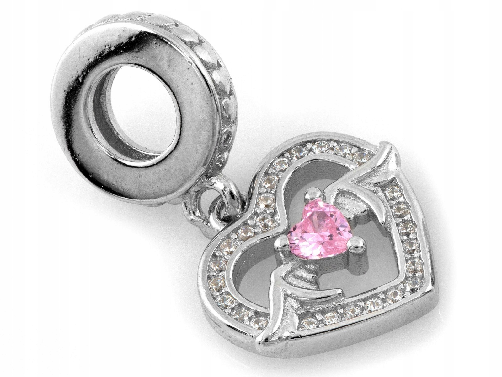 Stříbrný přívěsek beads 925 s zirkony, srdíčko, růžové kameny