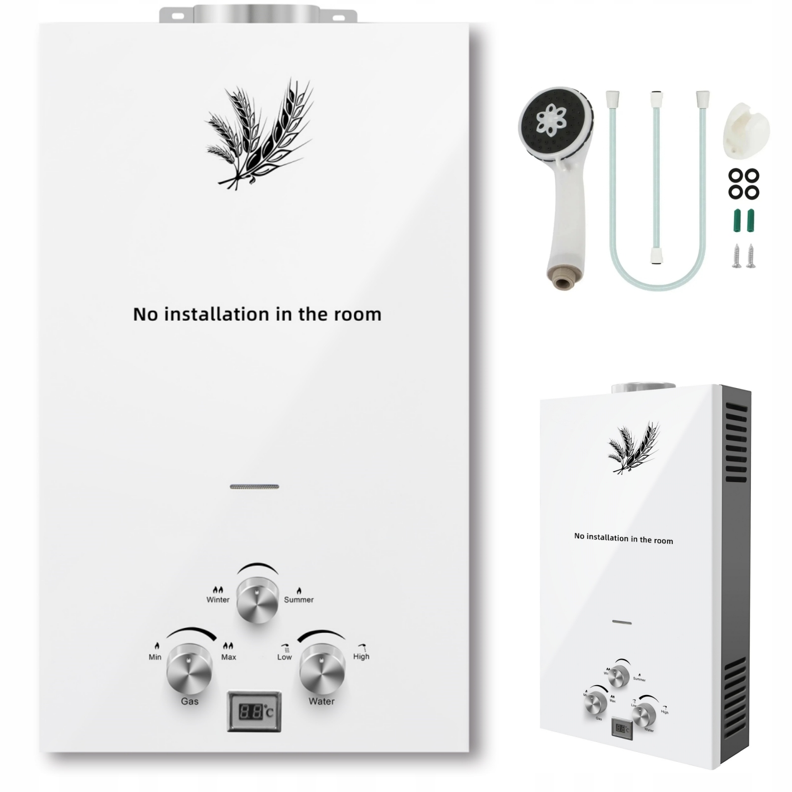 Průtokový ohřívač vody na plyn 12L 24kW – Bílý Příslušenství (Ruční sprcha)