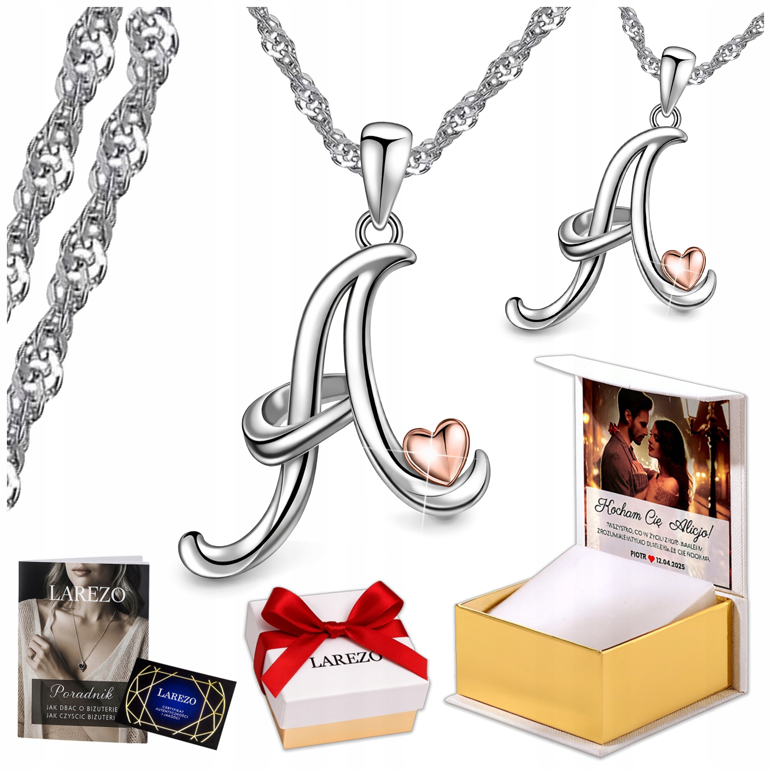 Naszyjnik Srebrny 925 Serce z Literą Literką A Inicjał z Serduszkiem Nadruk