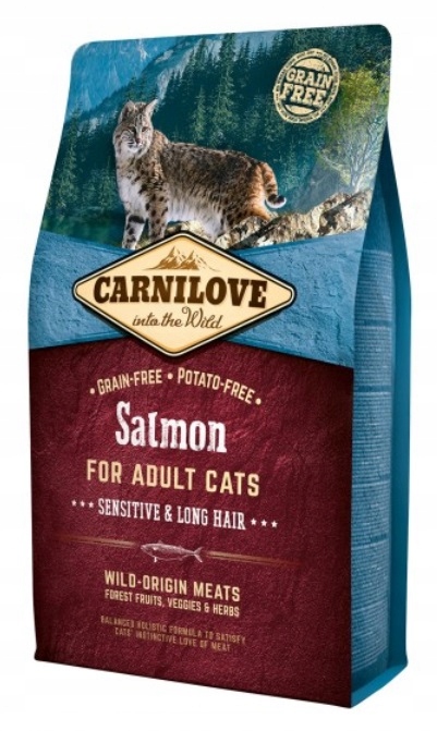 Levně Carnilove Cat Salmon Sensitive & Long Hair 6kg Krmivo pro kočky s citlivým zažíváním a dlouhou srstí, losos, 6 kg