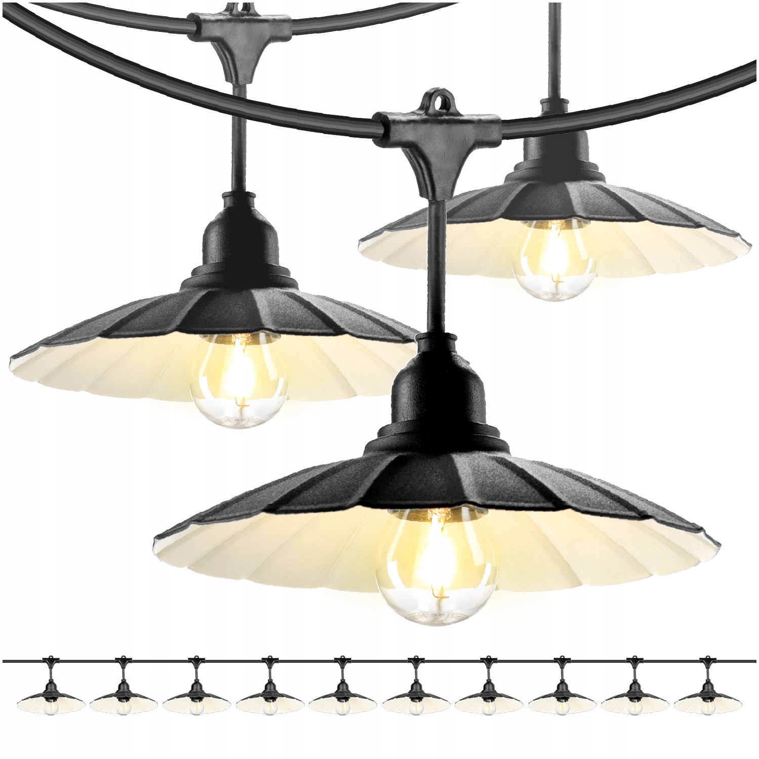 Set Crete 2x Záhradná girlanda 5 m kábel 10 m 10x tienidlo čierne M1 Led