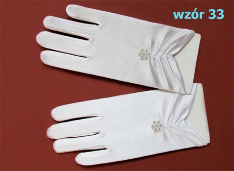 Białe Rękawiczki Komunijne z Kwiatkiem z Dżetów Rodzaj pięciopalczaste