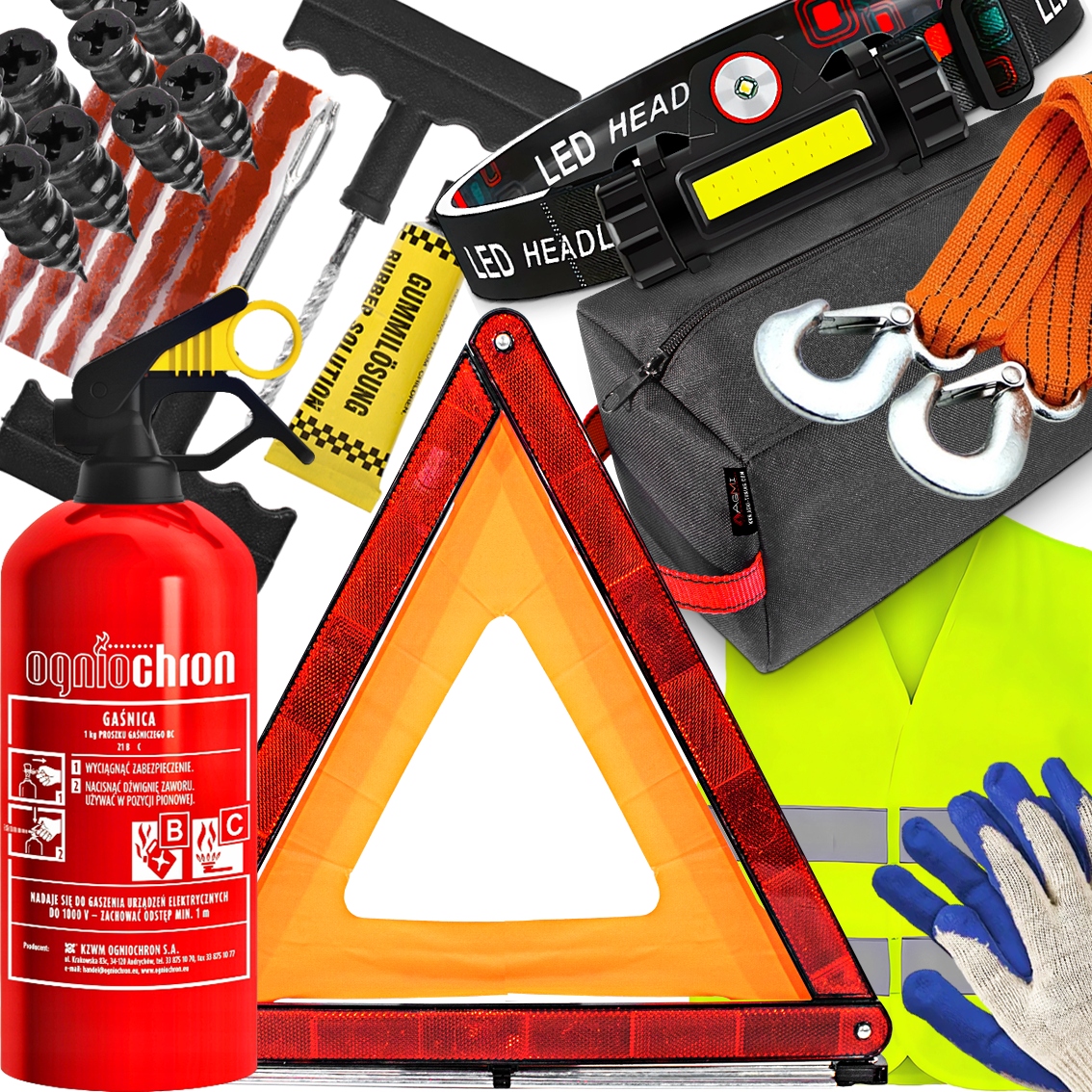 Hasicí Přístroj Trojúhelníková vesta Čelovka Šrouby Šňůrky na opravu kol