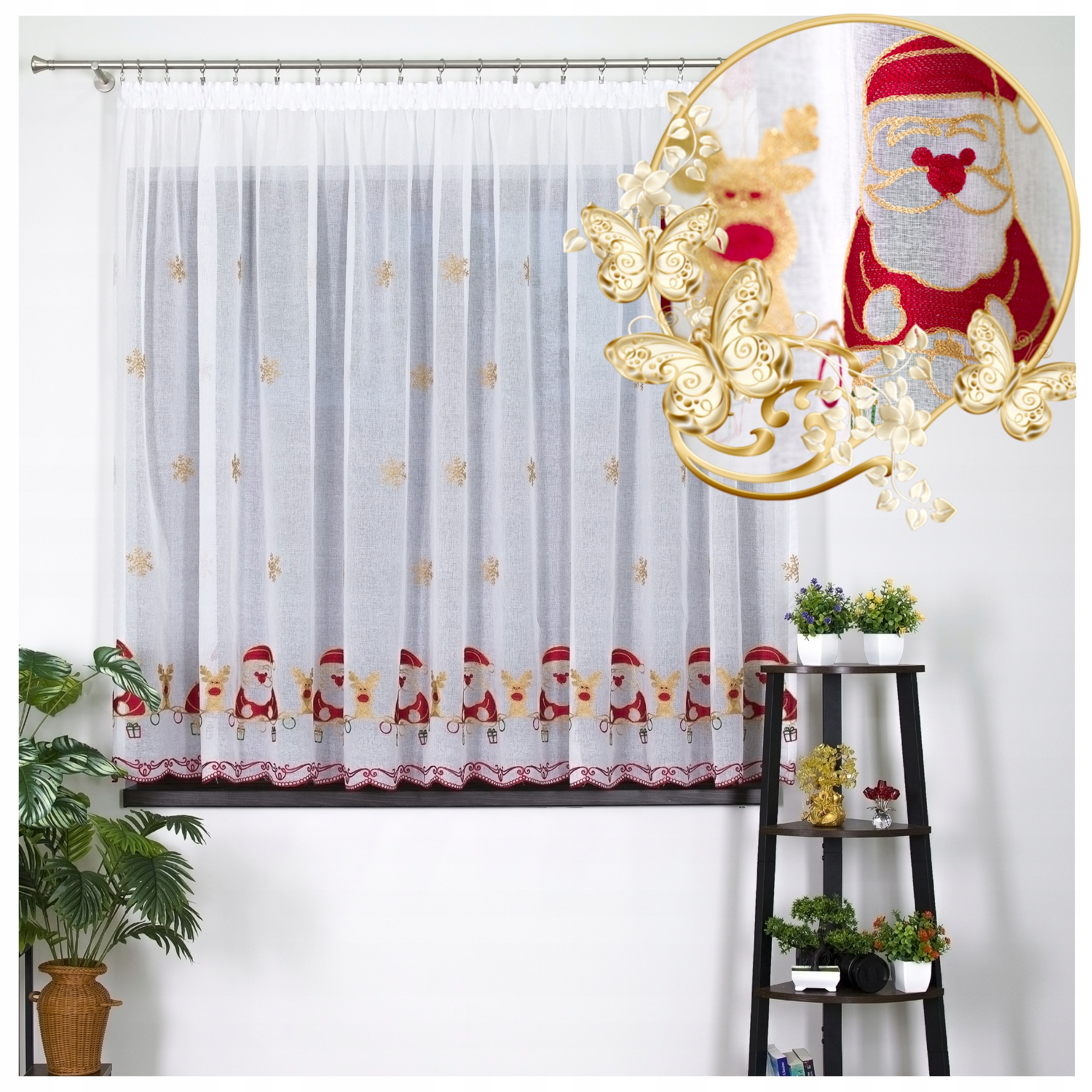 Hotová vánoční záclona 450 x 270 cm výšivka Mikulášští sobi zlaté sněhové vločky