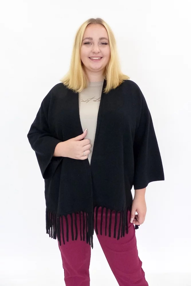 Černý dlouhý kardigan Přehoz s třásněmi S/m