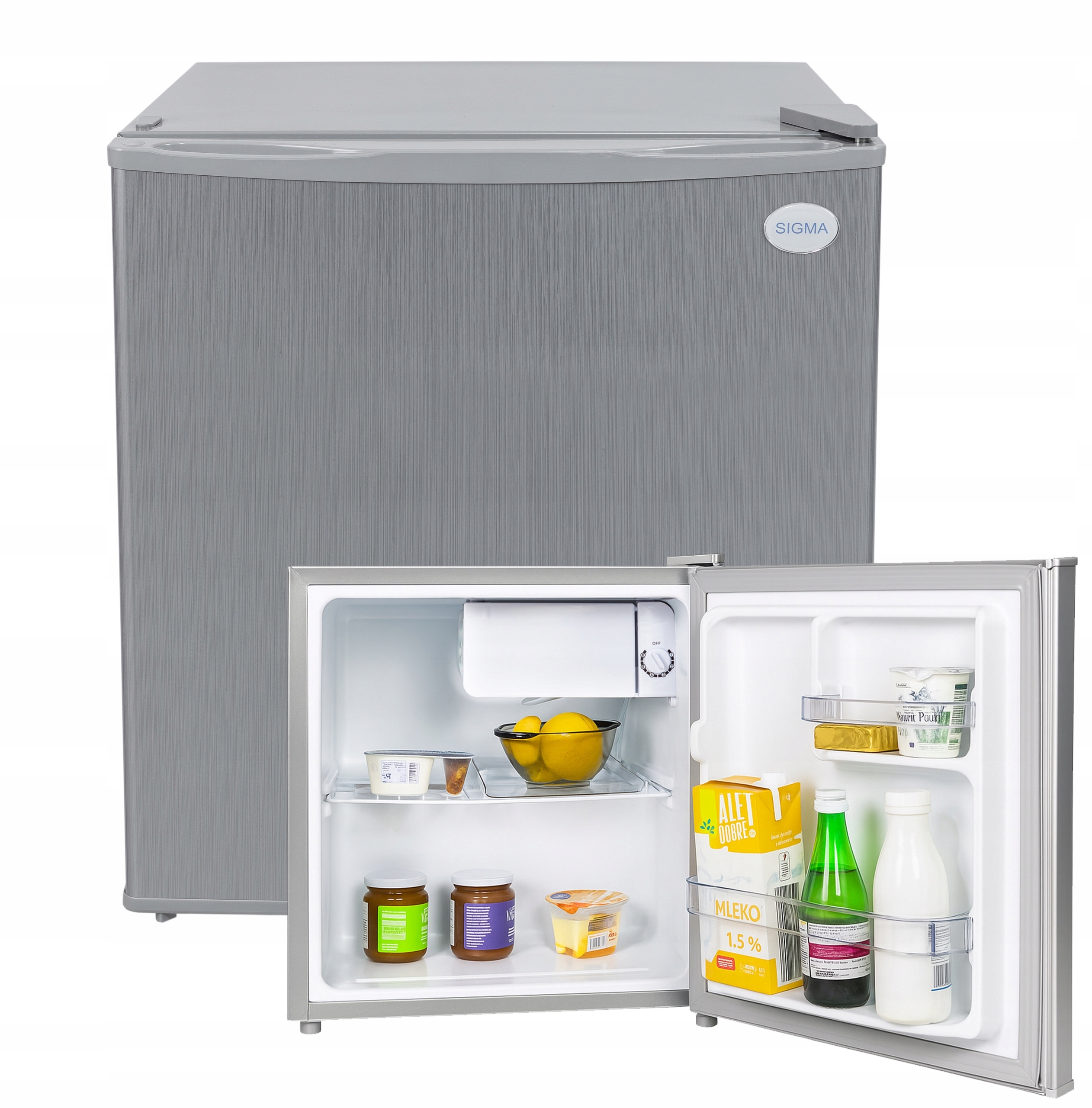 Mini lodówka do Biura Hotelu Srebrna Inox 50cm 43L Minibar Podblatowa Cicha