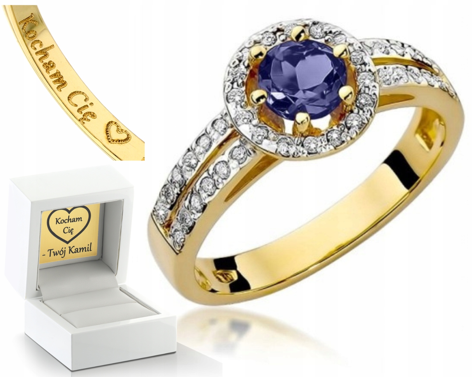 Zlatý Prstýnek Safír A Diamanty Gravírování 0,585