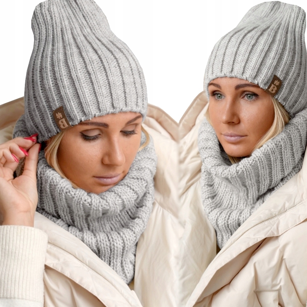 Vlněný Komplet dámský Čepice Nákrčník Silný Teplý zimní Polský Premium