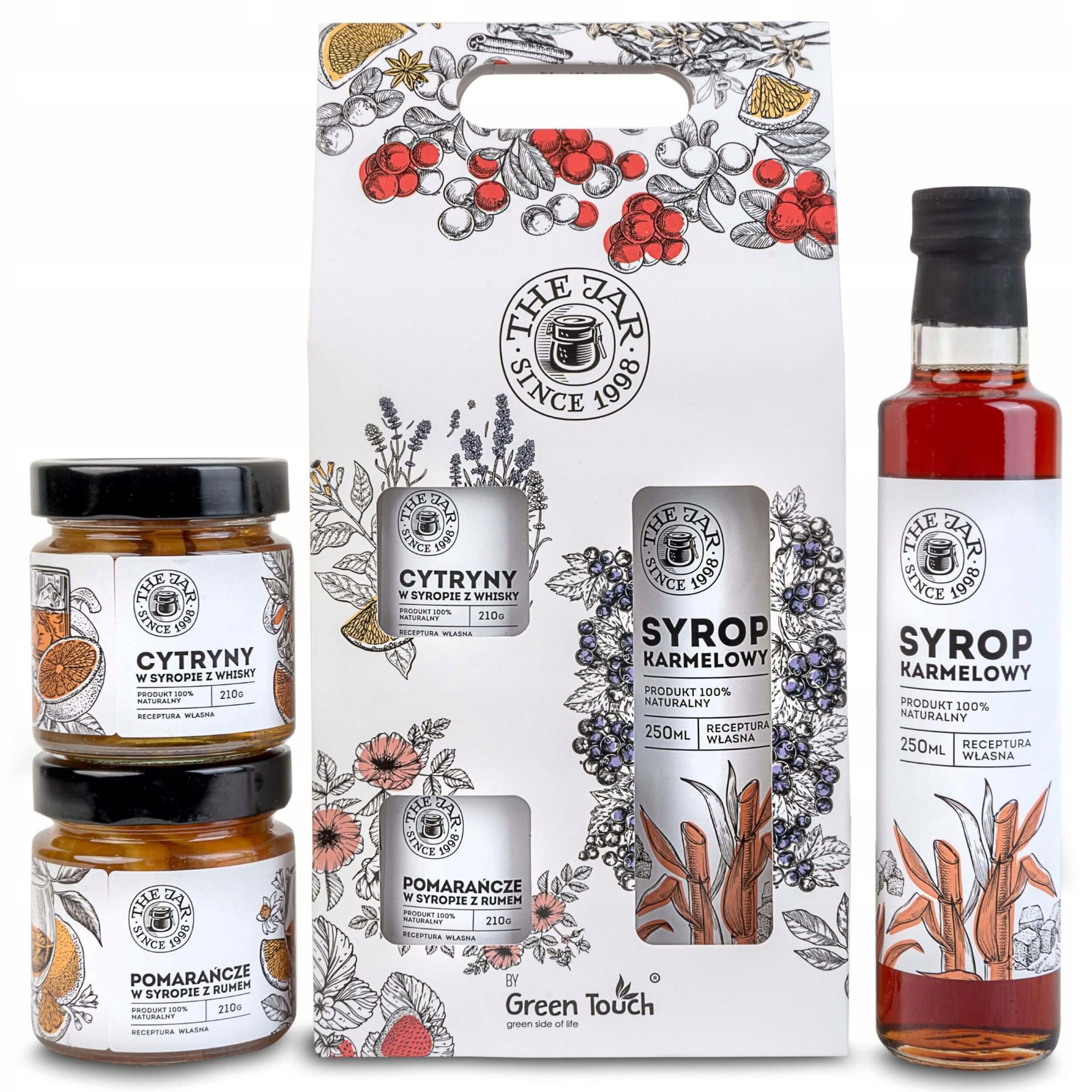 Dárková sada ovoce v sirupu a karamelový sirup Krabička