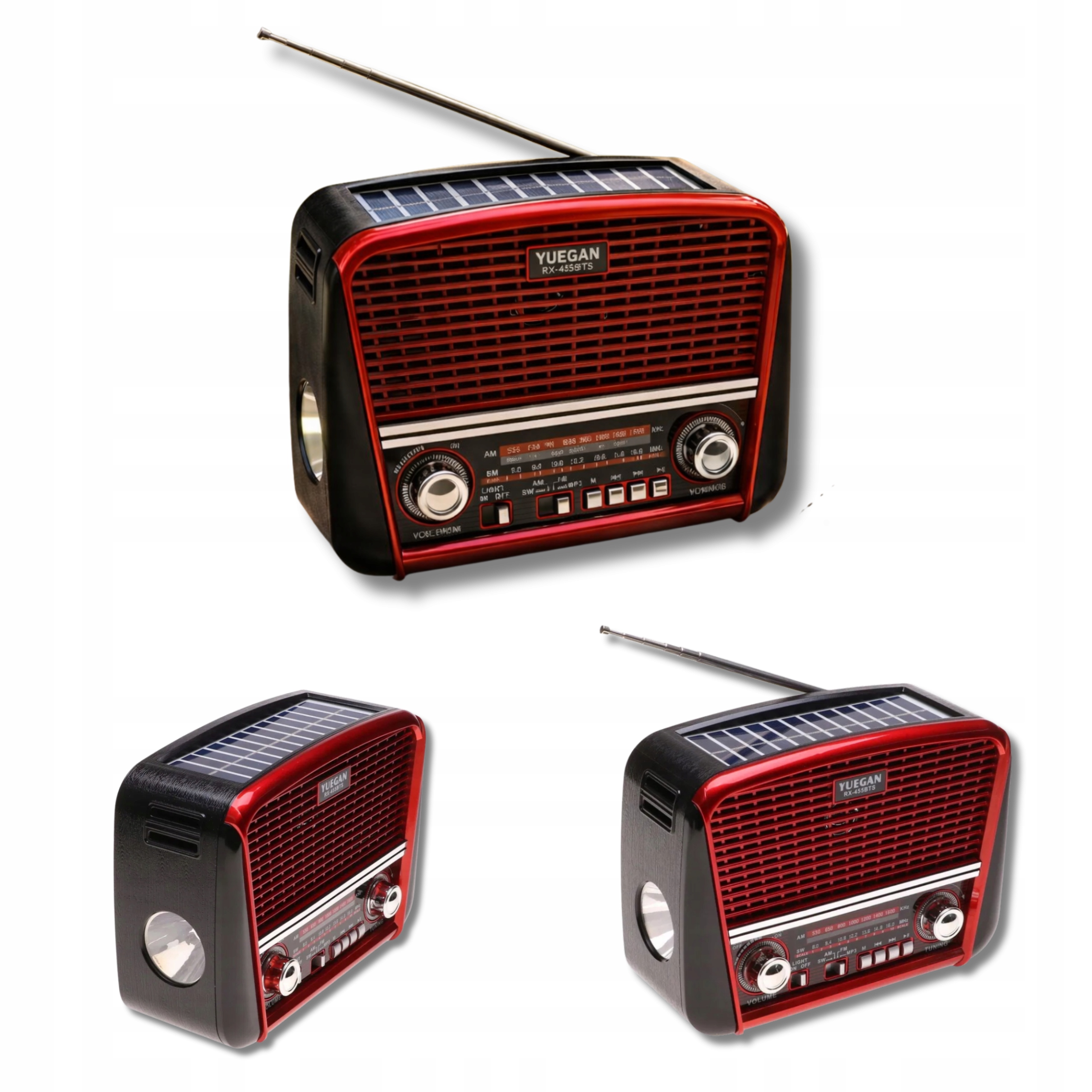 Radio Retro Yuegan RX-455BTS Bluetooth Solar Latarka Czarno Czerwone
