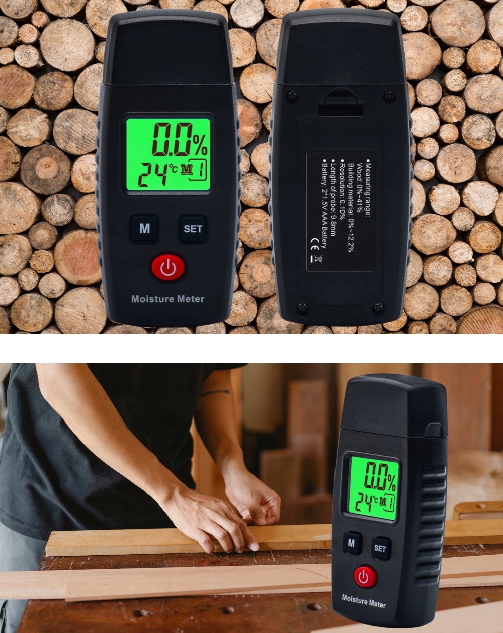 WILGOTNOŚCIOMIERZ DO DREWNA MIERNIK WILGOTNOŚĆ BETONU CEGŁY GIPSU TYNKU LCD Rozdzielczość 0.1%