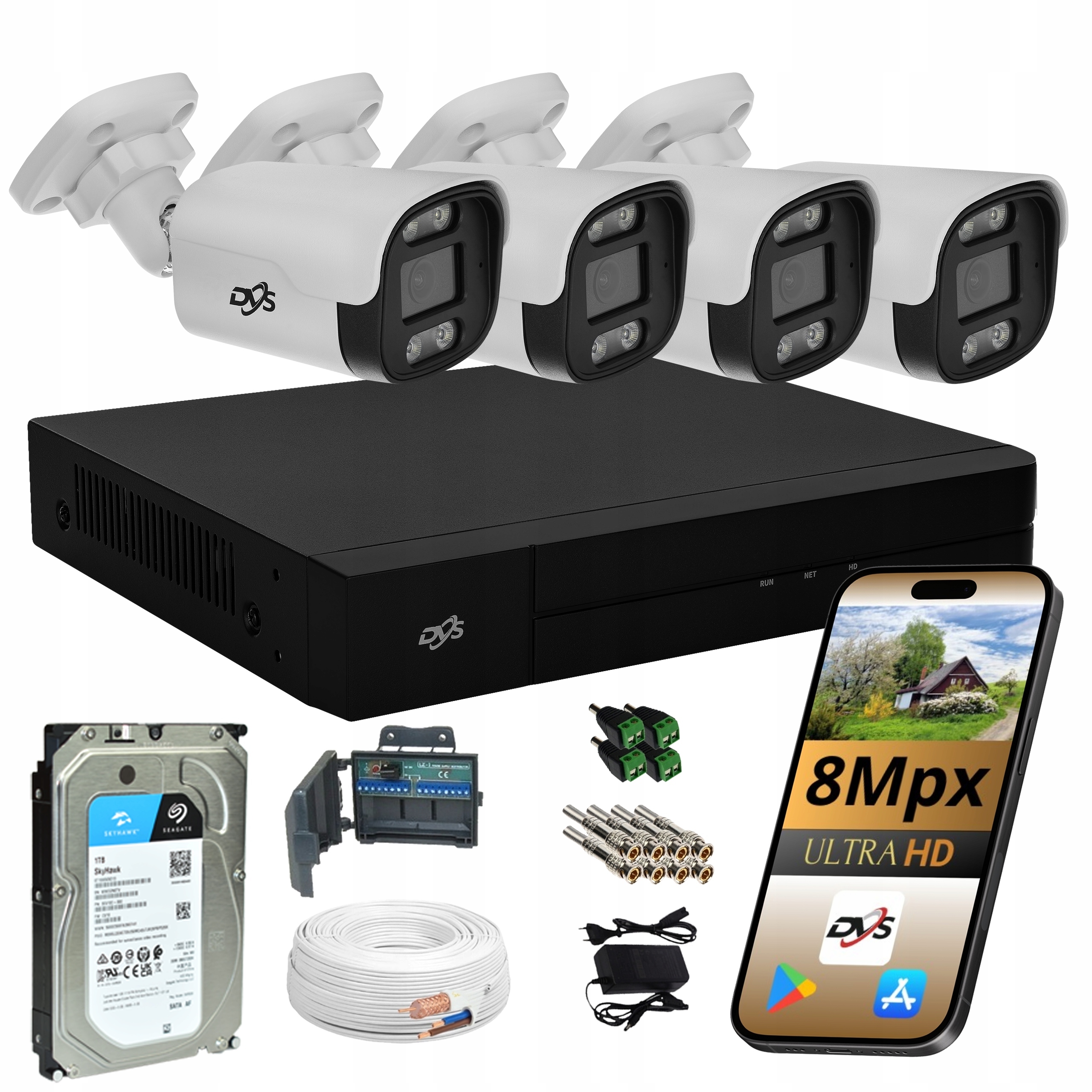 Zestaw do monitoringu DVS ZESTAW 4 KAMER TUBA 8MPX ZEWNETRZNA ANALOGOWA 1TB