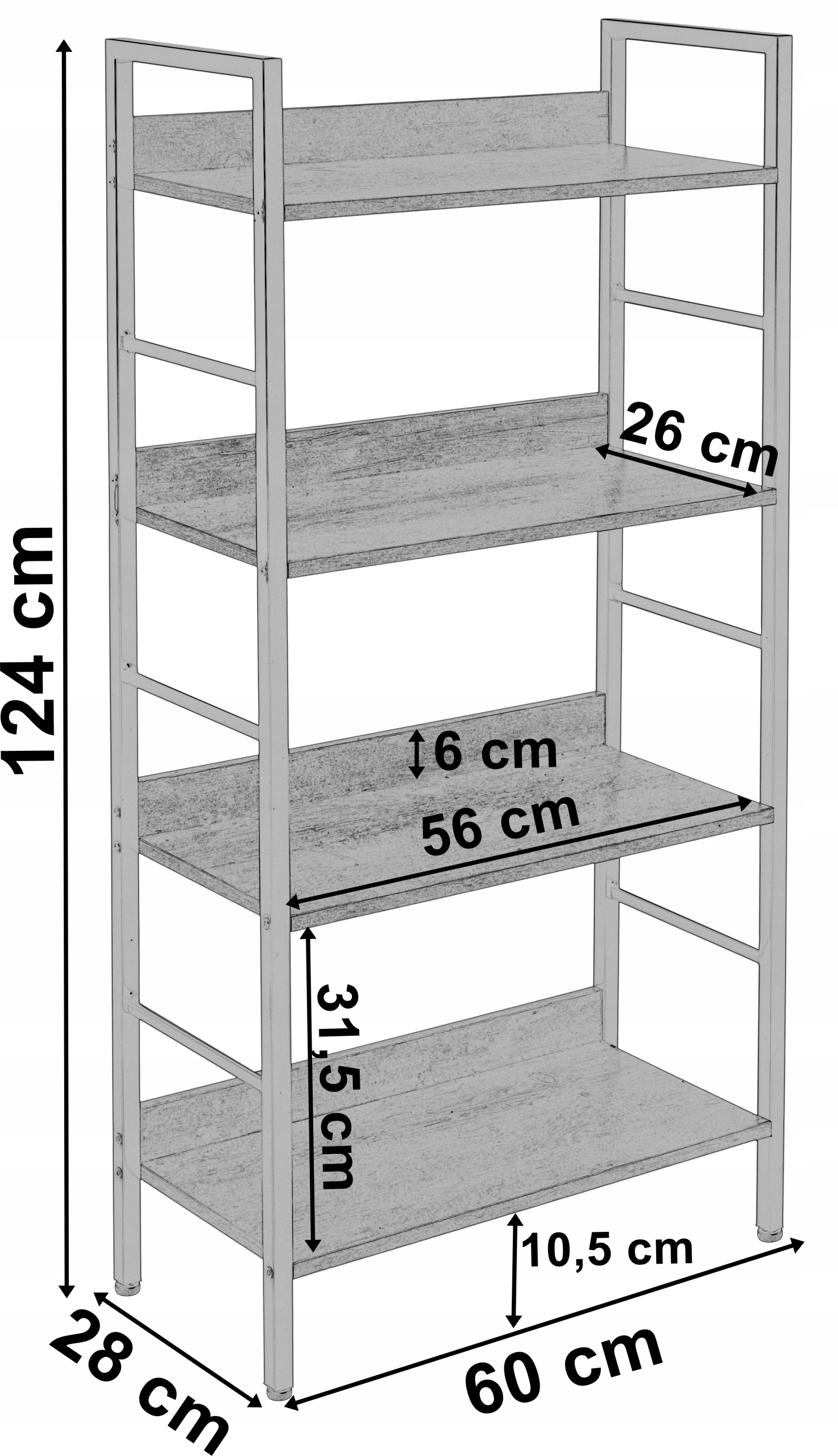 REGAŁ RUSTYKALNY NA KSIĄŻKI VARBERG INDUSTRIALNY Z PÓŁKAMI LOFTOWY METALOWY Głębokość mebla 28 cm