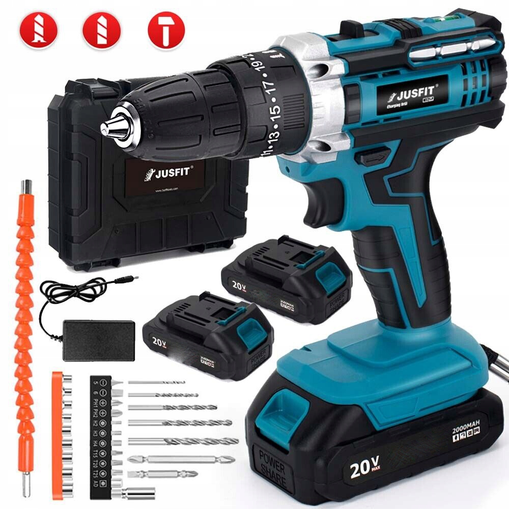 Úderová Aku Vrtačka Akumulátorové Bity Nástavce Kufr 2xAKU 20V