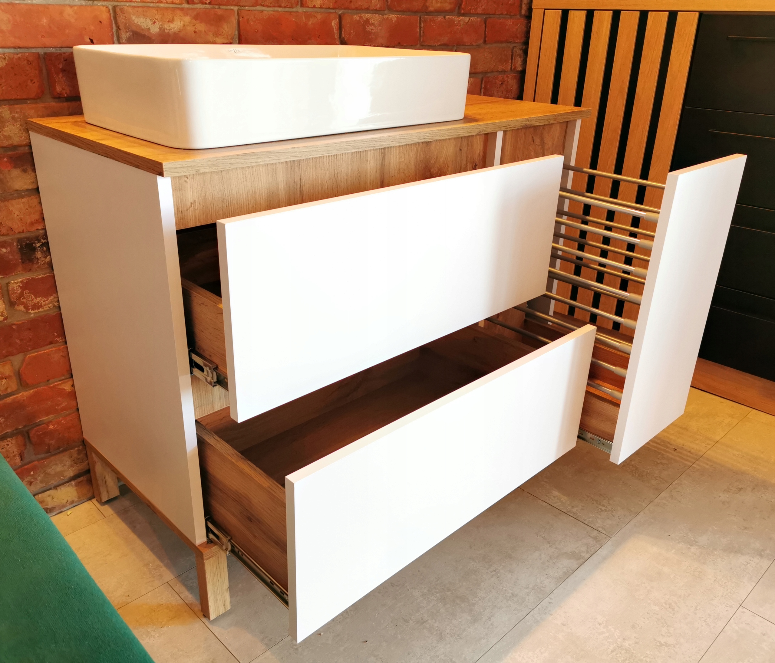 Szafka pod umywalkę _2_SZUFLADY+KOSZ_bez składania_ Pod_Wymiar_ POD KOLOR_ Wykończenie matowe