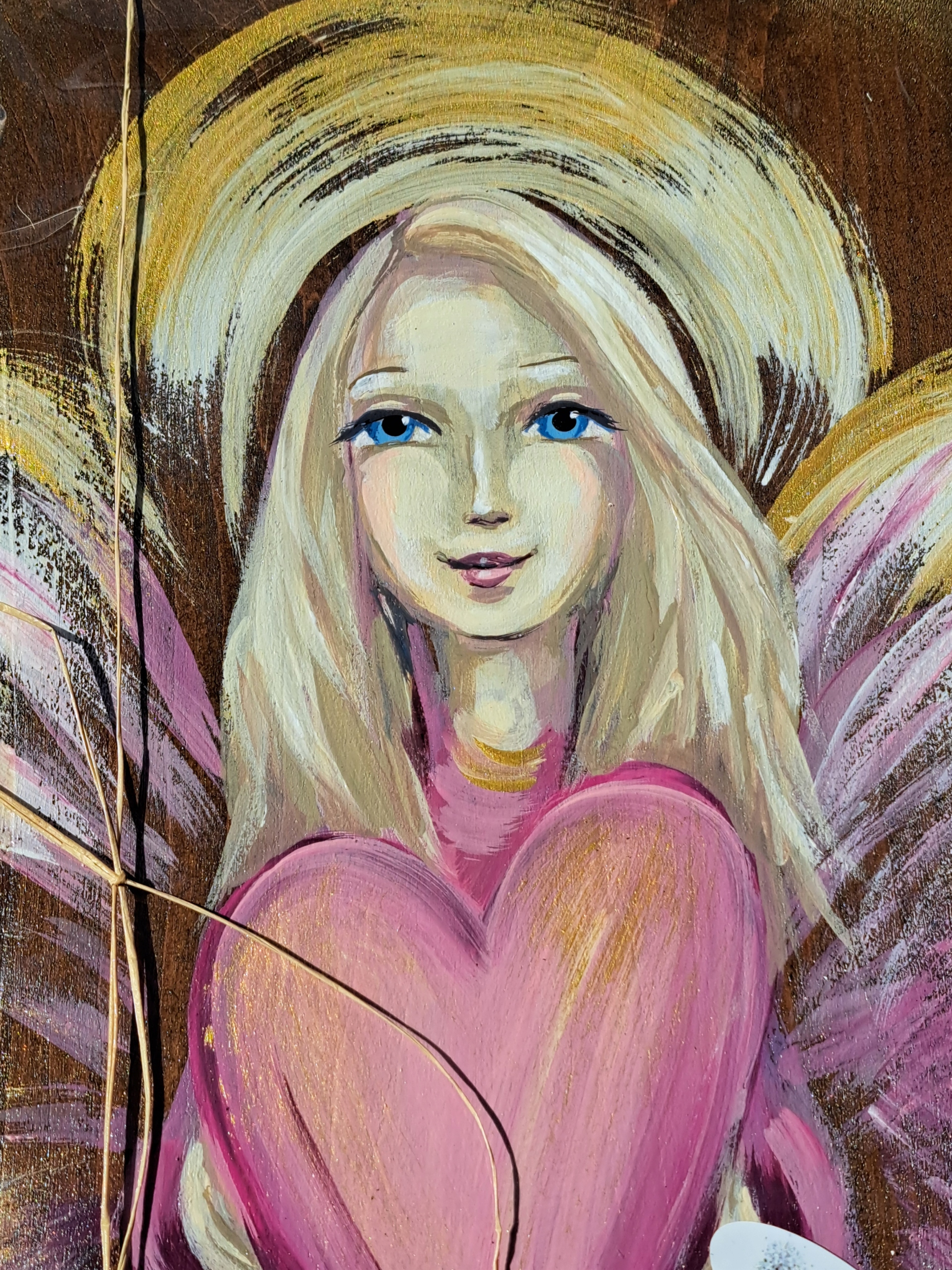 Obraz na masivním dřevě Křest Anděl srdcem ručně malovaný