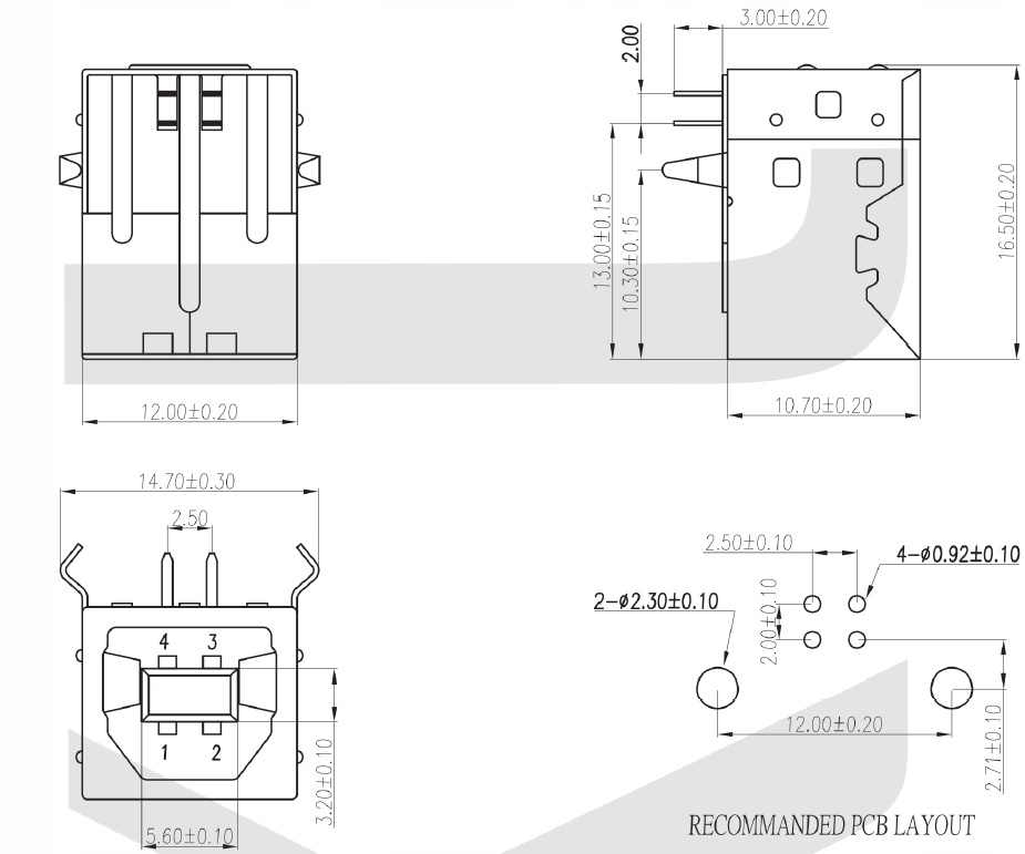 GNIAZDO USB B USB 2.0 4 tory 1A 30V (THT) Złącza gniazdo USB typ B