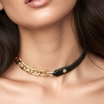 Choker na krk černý kožený glamour náhrdelník zlatý zirkon kombinovaný