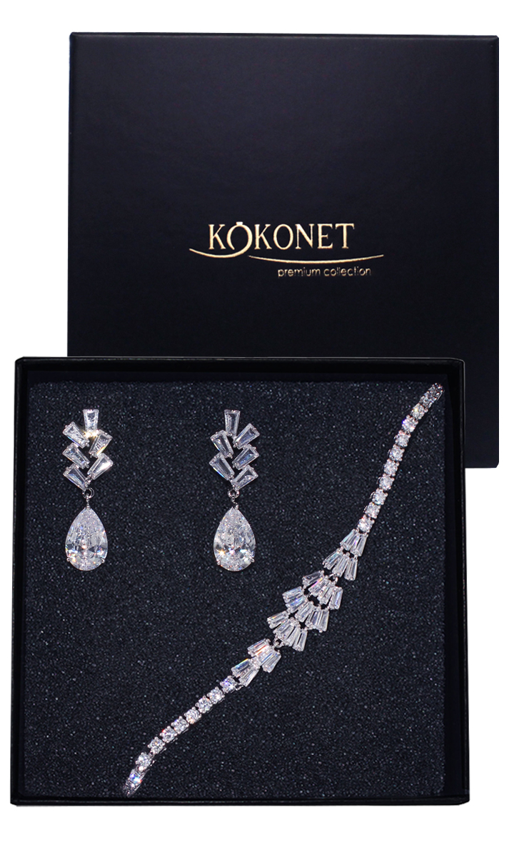 Náušnice náramek svatební sada slzy lístky stříbrný lesklý efekt