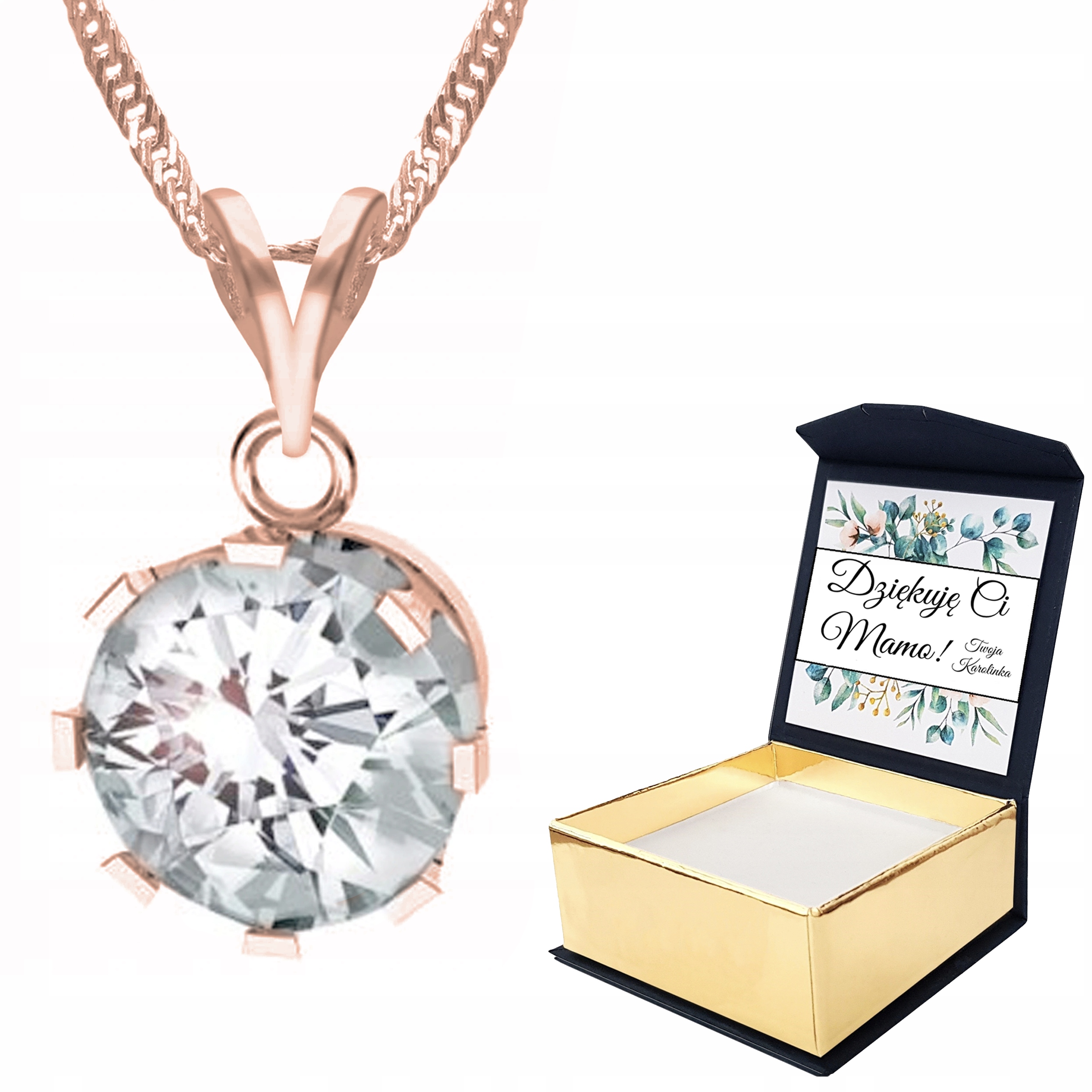 

Naszyjnik różowe złoto Cyrkonia + Własny Nadruk