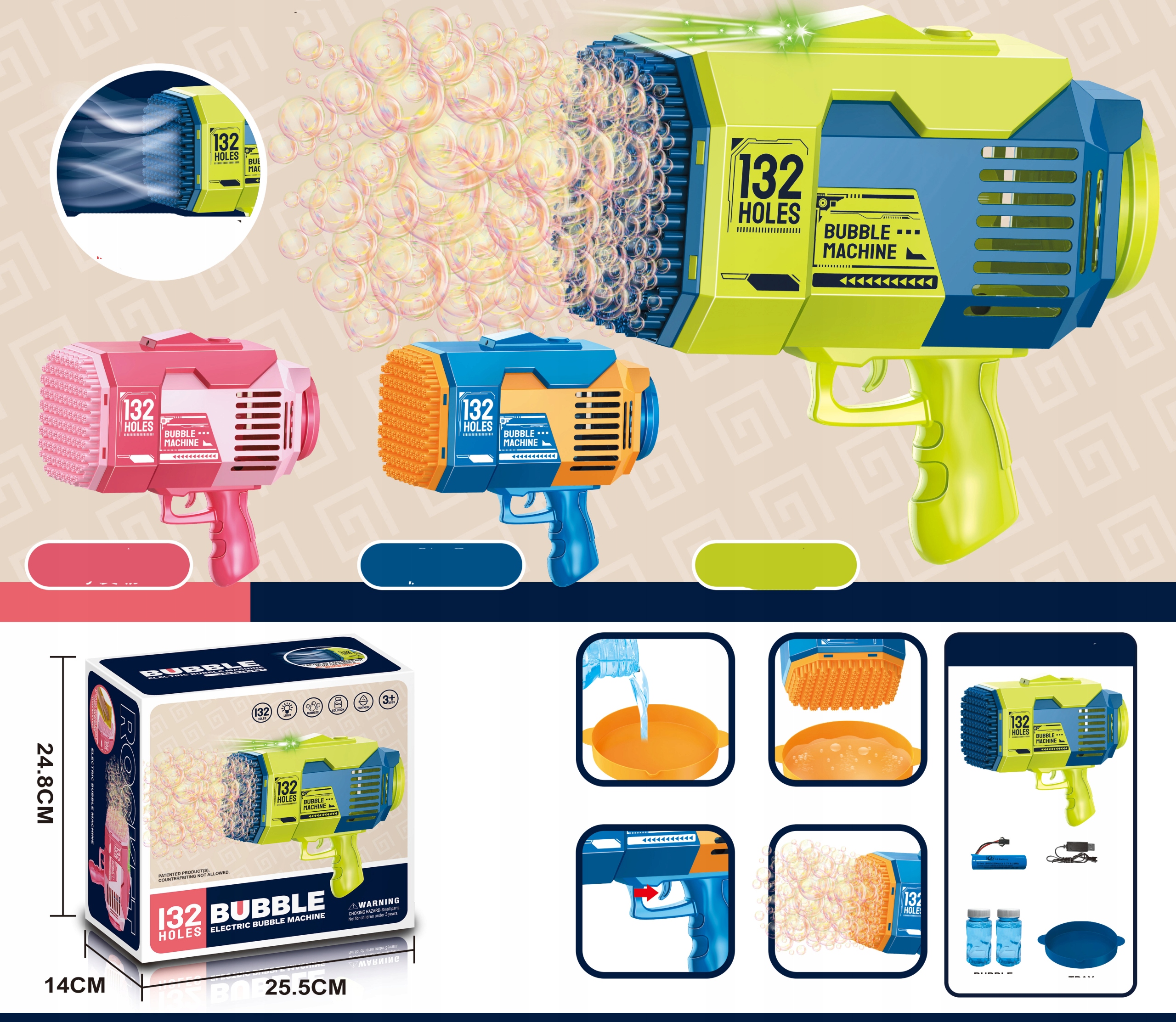 Maszyna do baniek Bazooka PISTOLET AKUMULATOR USB Wiek dziecka 3 lata +