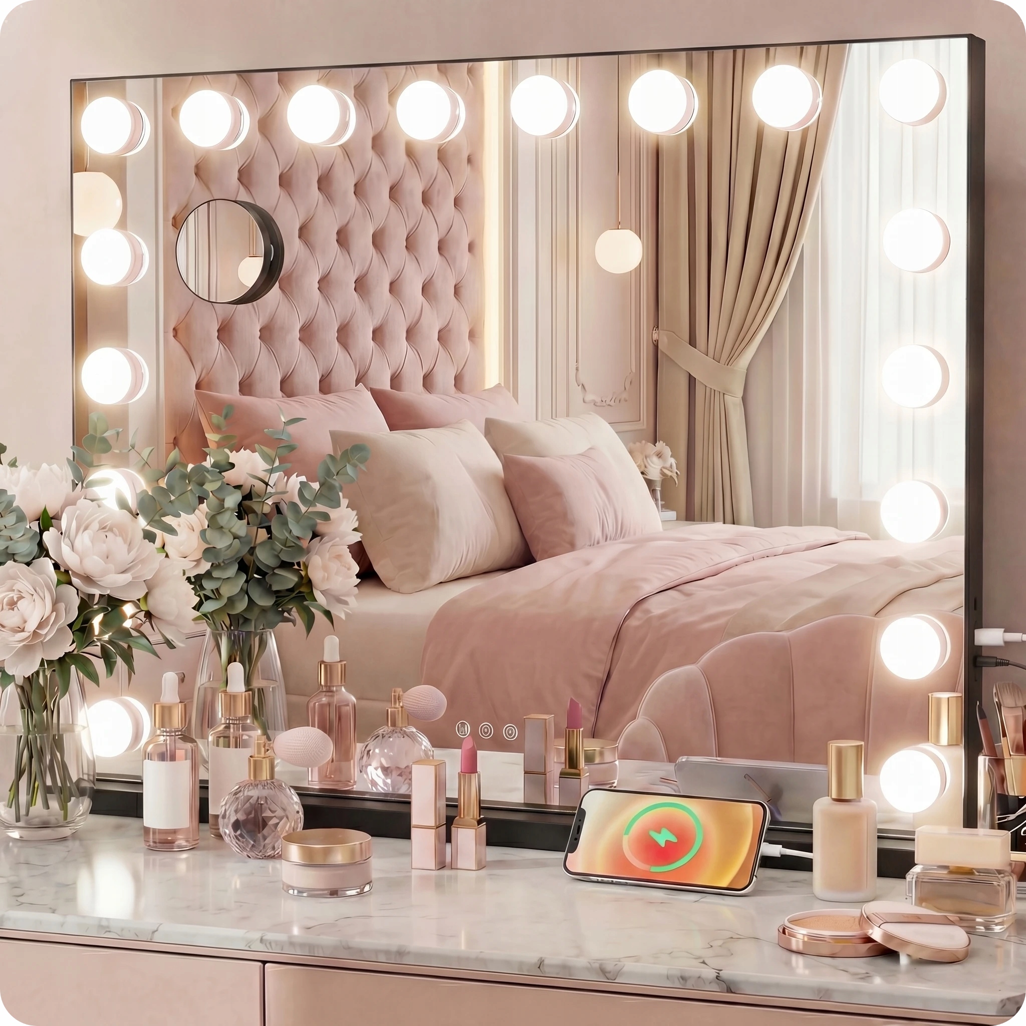 Zrcadlo Hollywood 58x48 pro líčení 3 barvy Led reproduktor Bluetooth stojící
