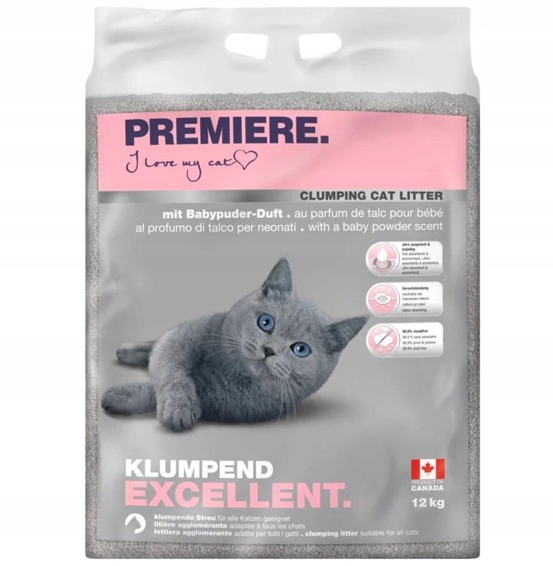 Żwirek zbrylający Premiere Excellent o zapachu pudru 12 kg