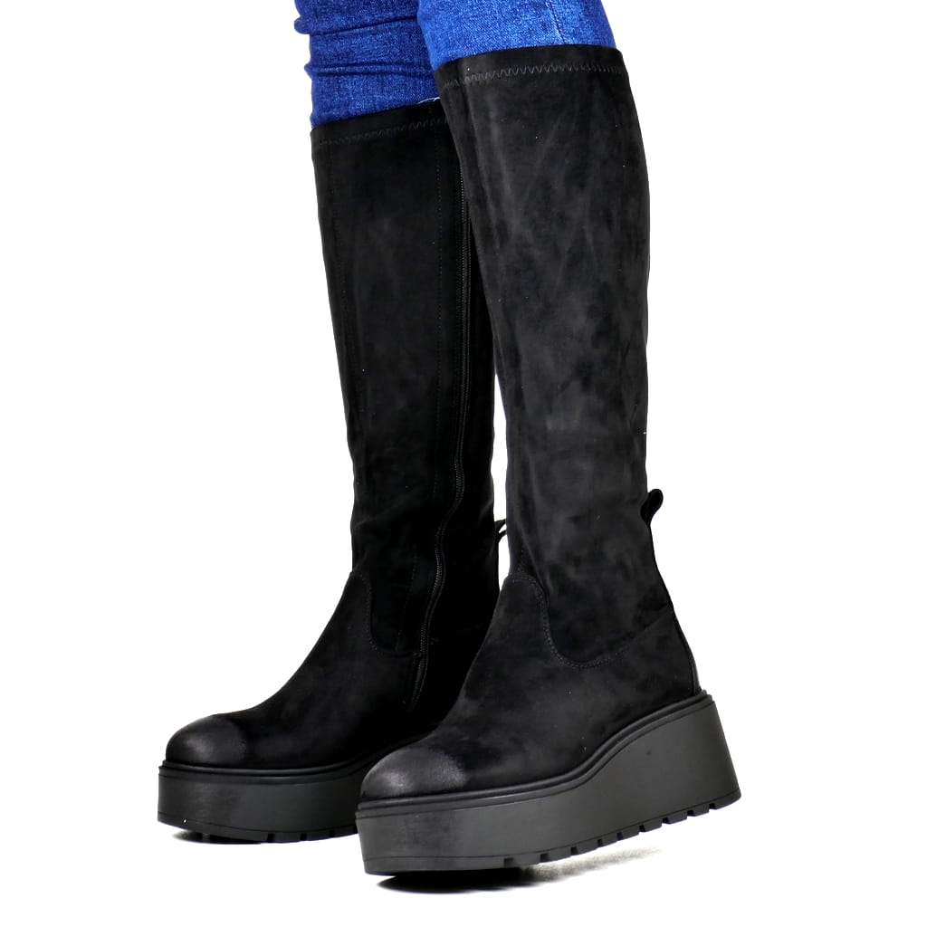 Černé Semišové Kozačky Na Platformě Svršek Přizpůsobený Lýtkům, Zateplené
