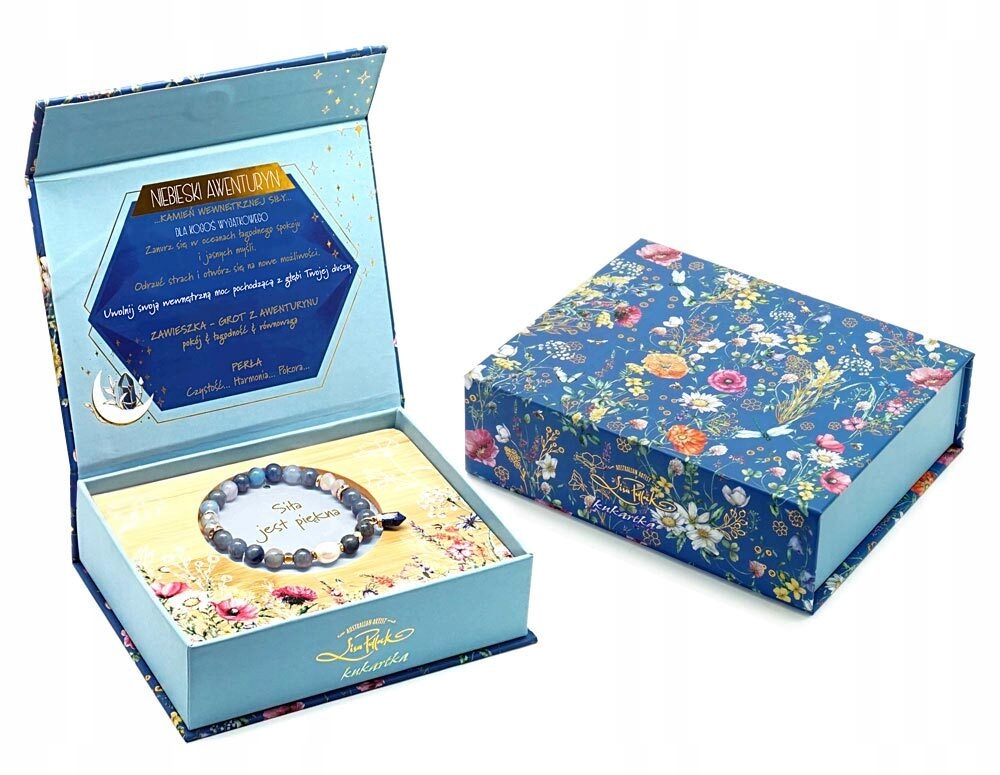 Bransoletka kukartka Niebieski Awenturyn pudełko z bambusową tacą BRC-04