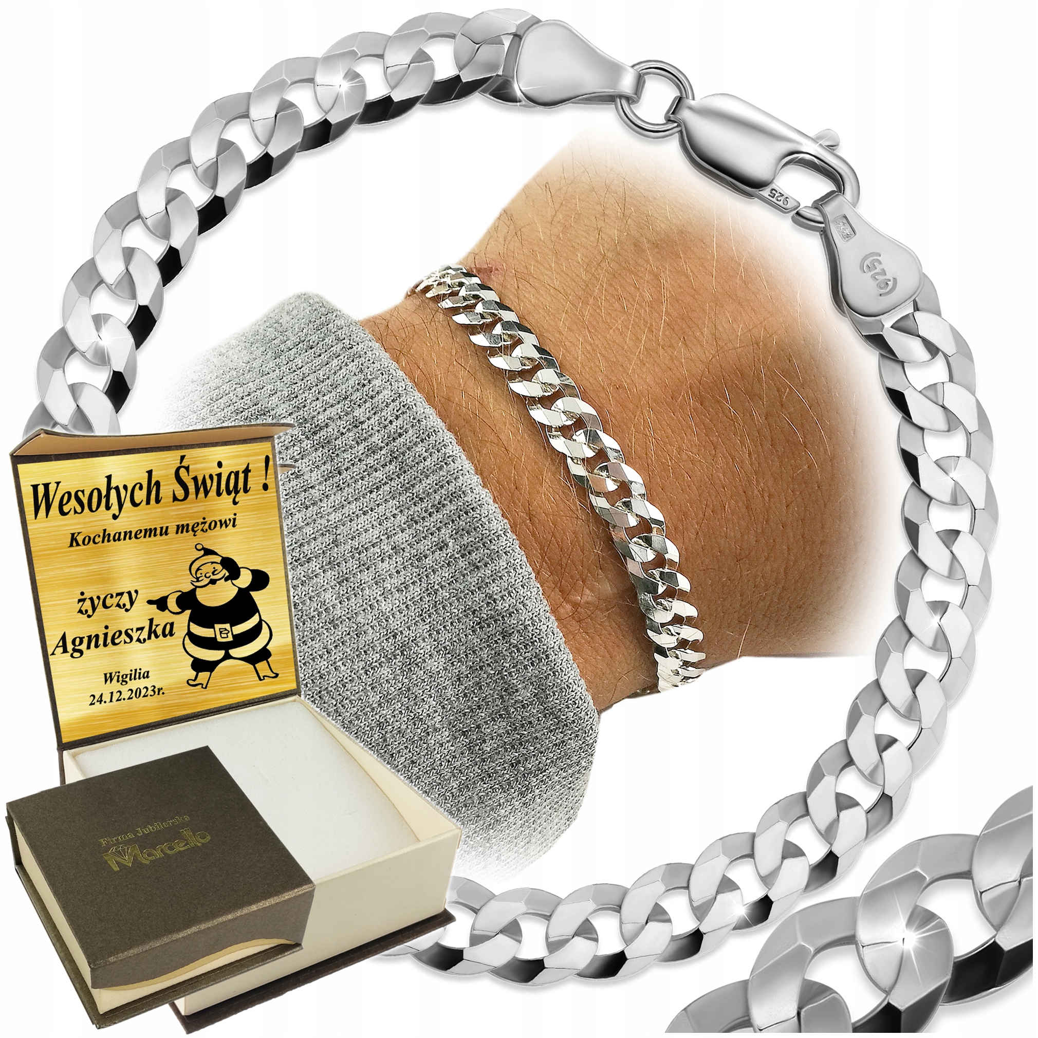 Srebrna Bransoleta Męska Pancerka 6,5mm/19cm Diamentowana 925 Grawer