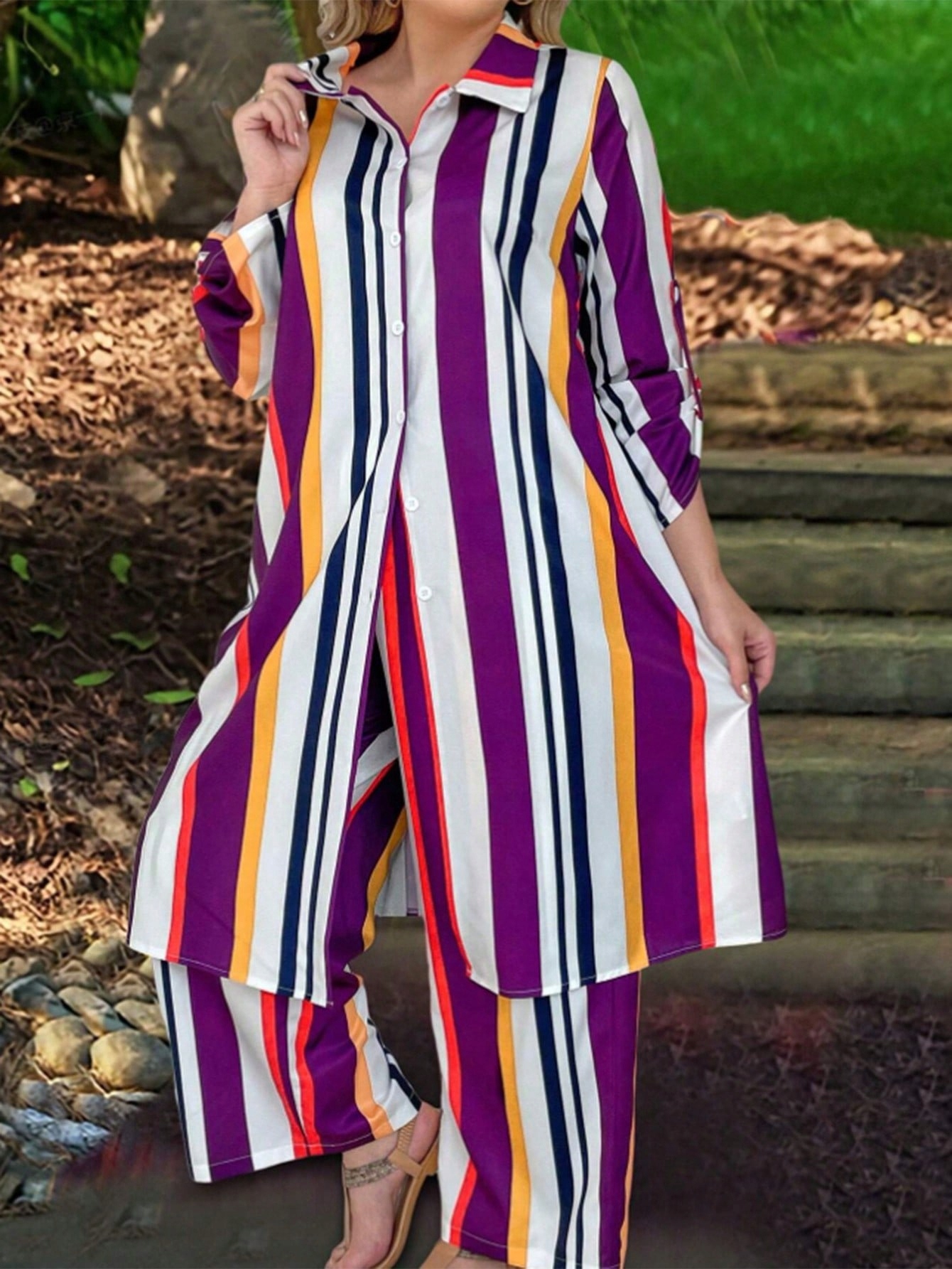 Komplet Pruhovaná Dlouhá Košile Kalhoty Se Širokými Nohavicemi Shein XL 42
