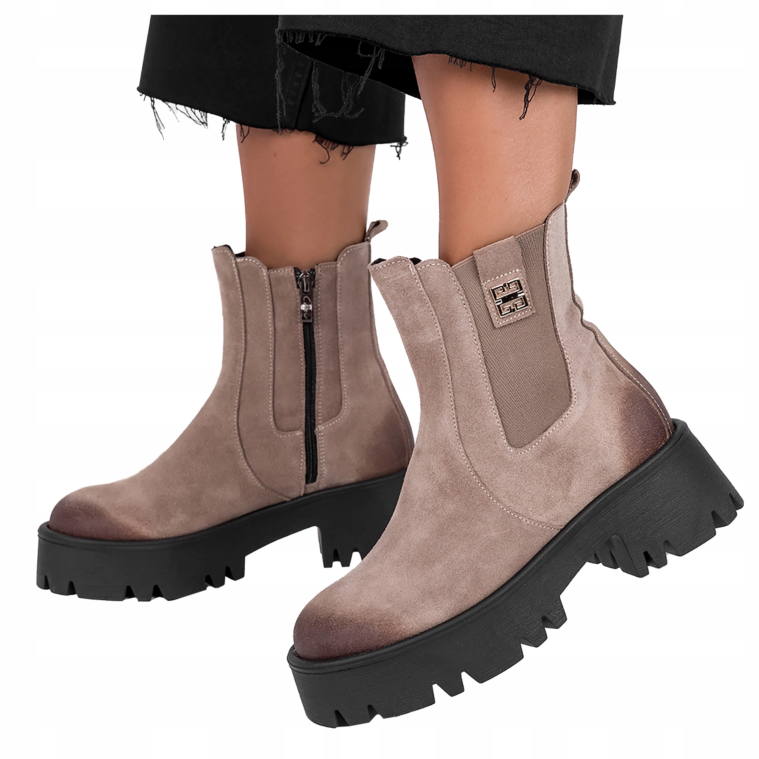 Béžové Kotníkové Boty dámské boty na platformě s gumou, Polský Výrobek, velikost 36