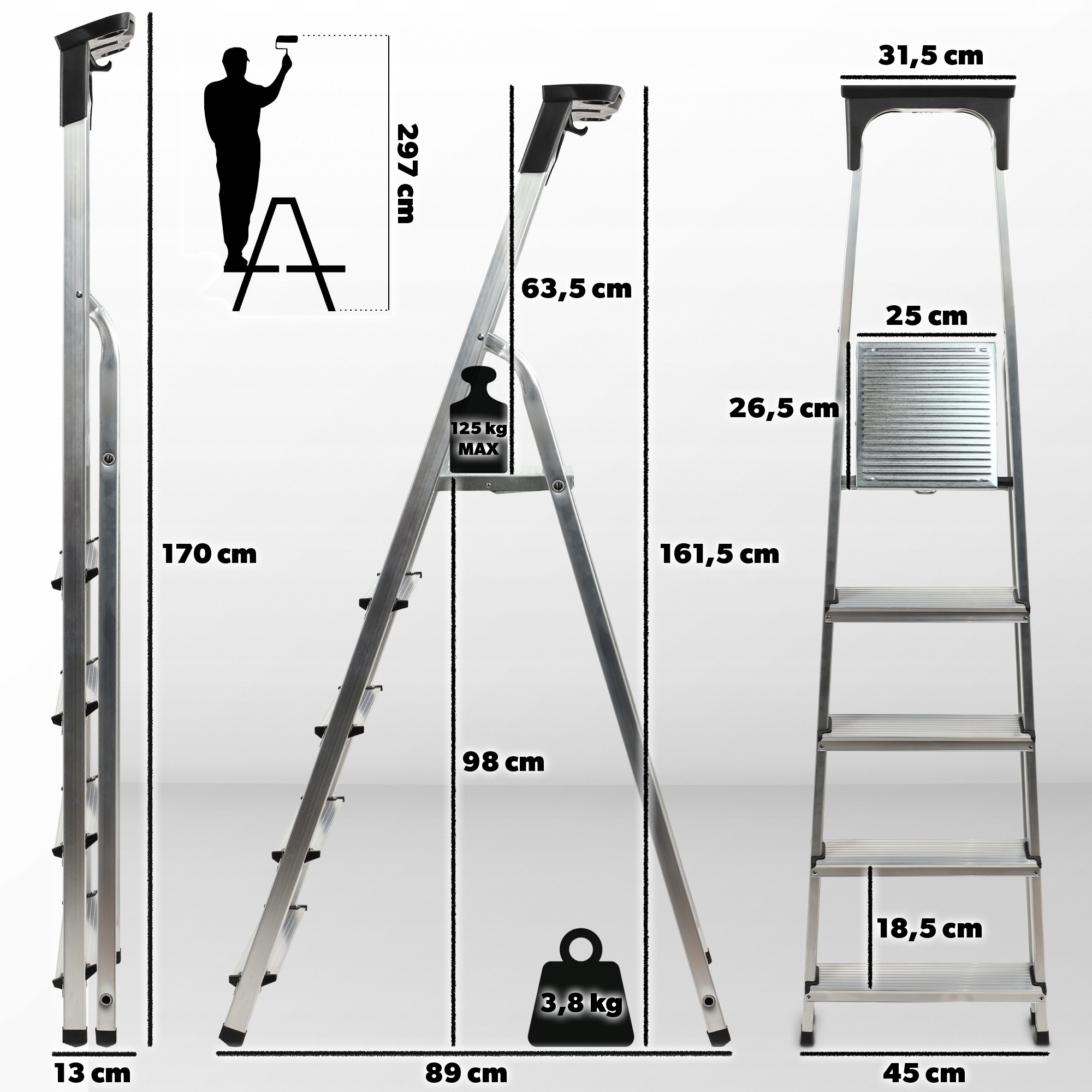 KADAX DRABINA ALUMINIOWA 5 STOPNIOWA SKŁADANA DOMOWA MOCNA PÓŁKA +HAK 125kg EAN (GTIN) 5903699435205