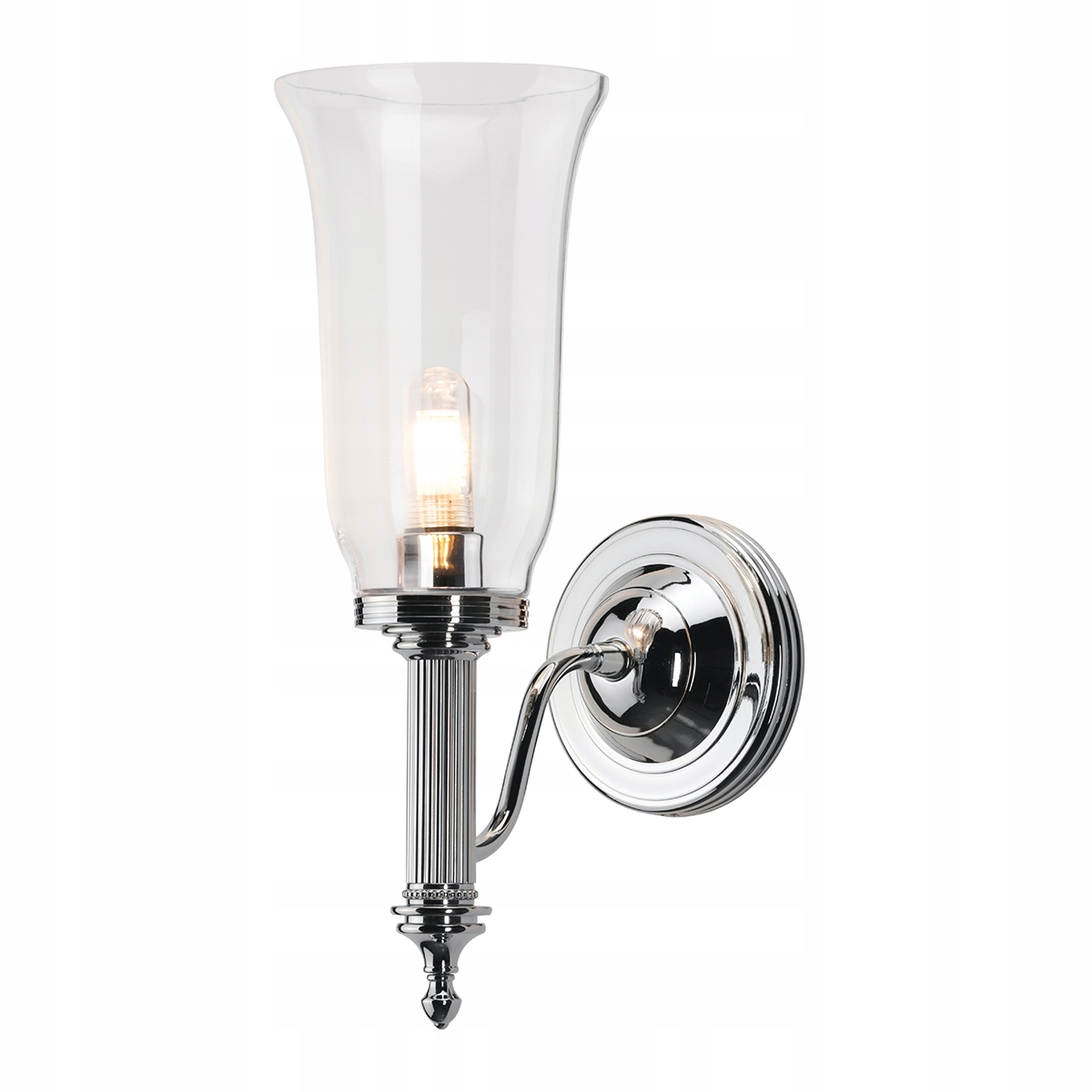 Nástenná lampa do kúpeľne chrómová vedľa zrkadla, podlhovasté sklenené tienidlo Elstead