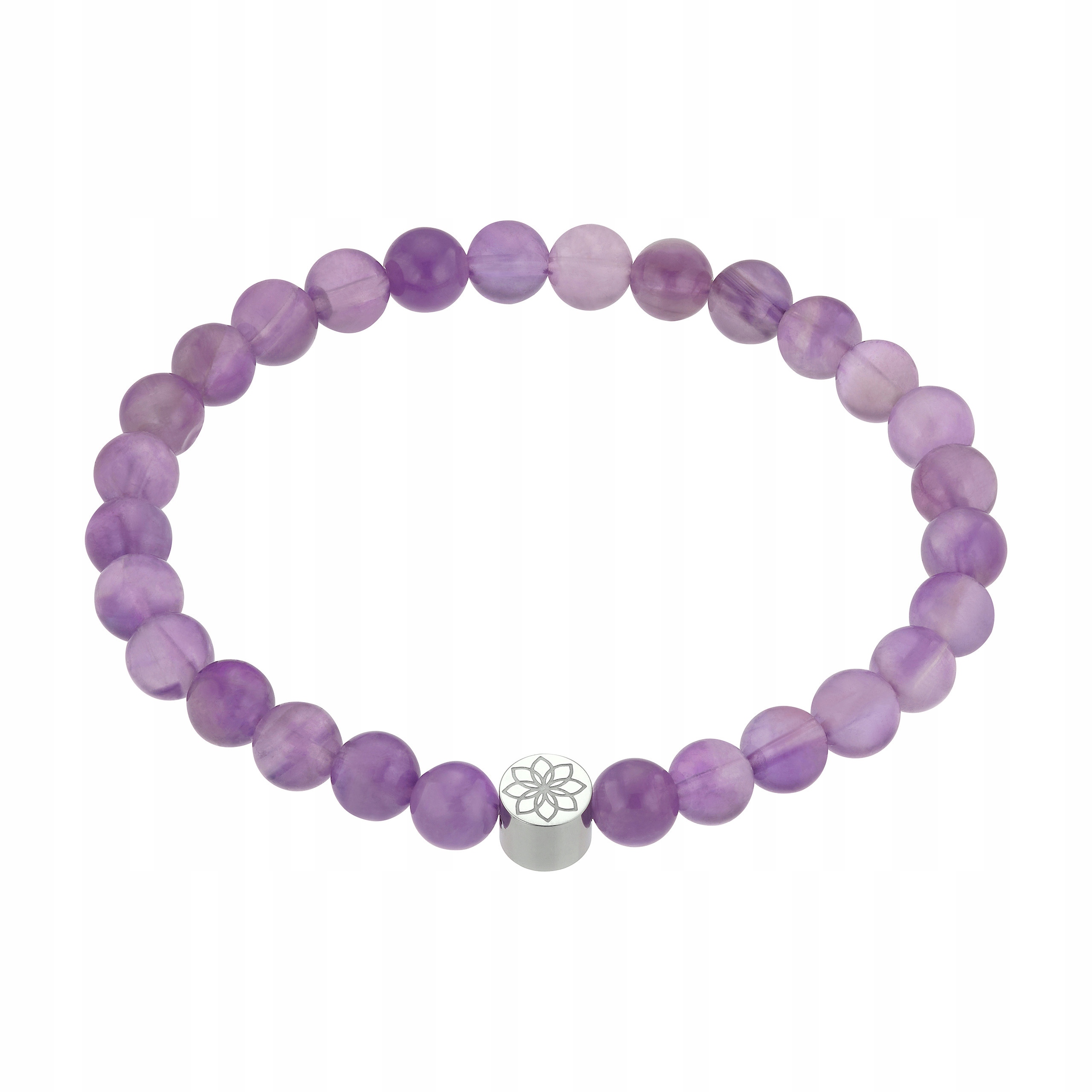 Fialový náramek Kámen Ametyst Korálky Ocel Stříbrný Květ Lotosu