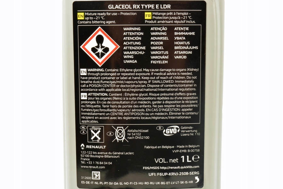 PŁYN DO CHŁODNICY RENAULT GLACEOL RX ORYG! 1L Numer katalogowy części 7711947057
