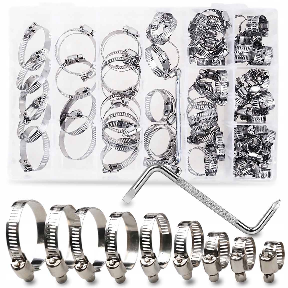 Metalowe Opaski Zaciskowe Nierdzewne Ślimakowe Skręcane 8-44MM Obejmy 90SZT