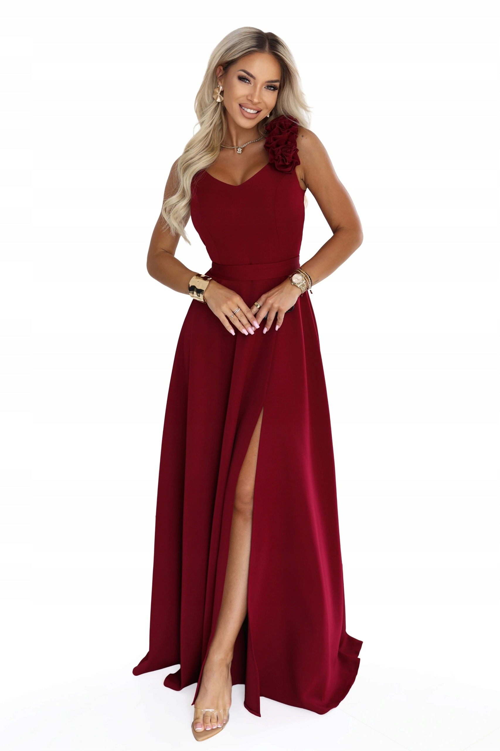 Bordó Elegantní večerní Maxi šaty s rozparkem a růžemi