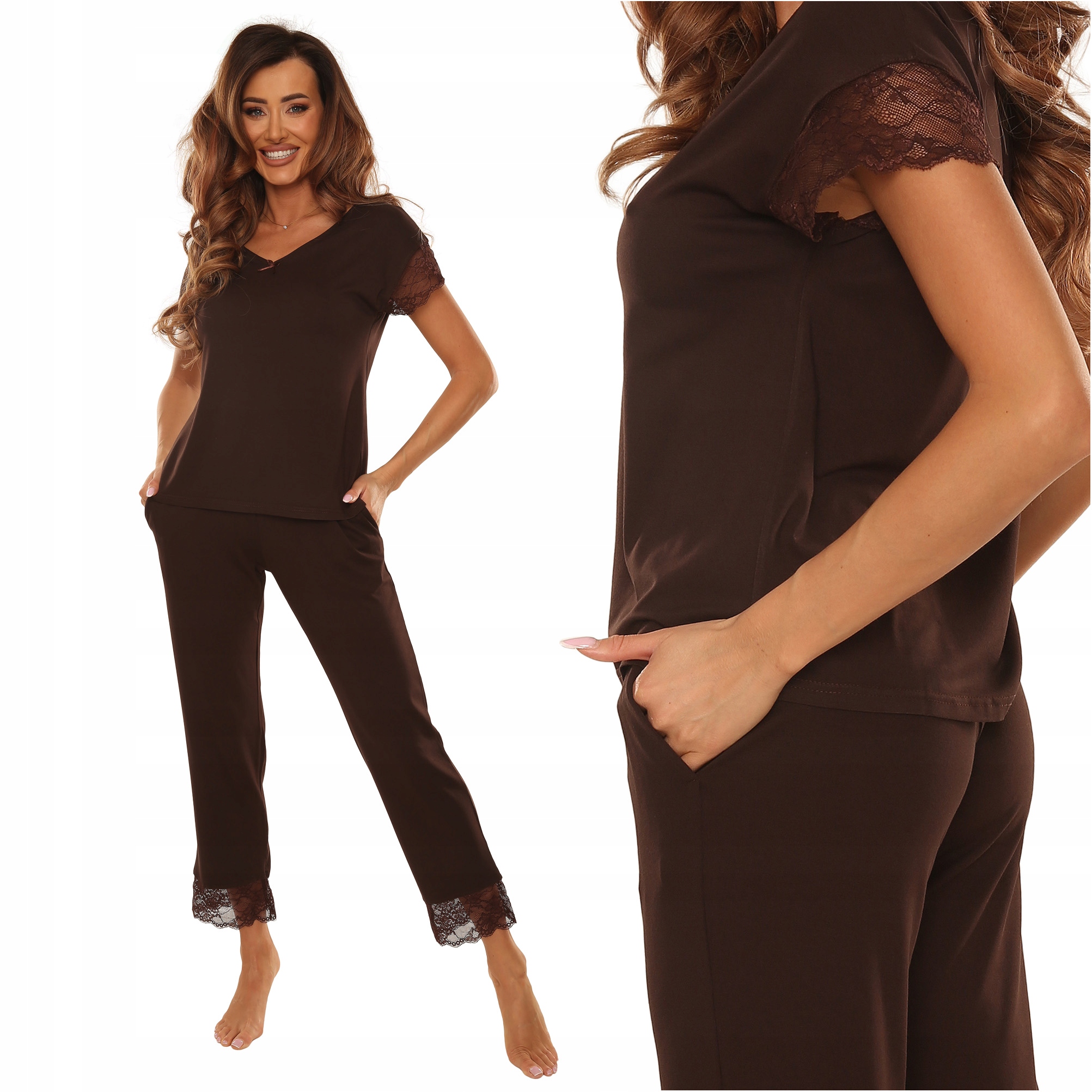 Piżama damska długie spodnie koronka De Lafense Milagros 736 czekoladowa XL