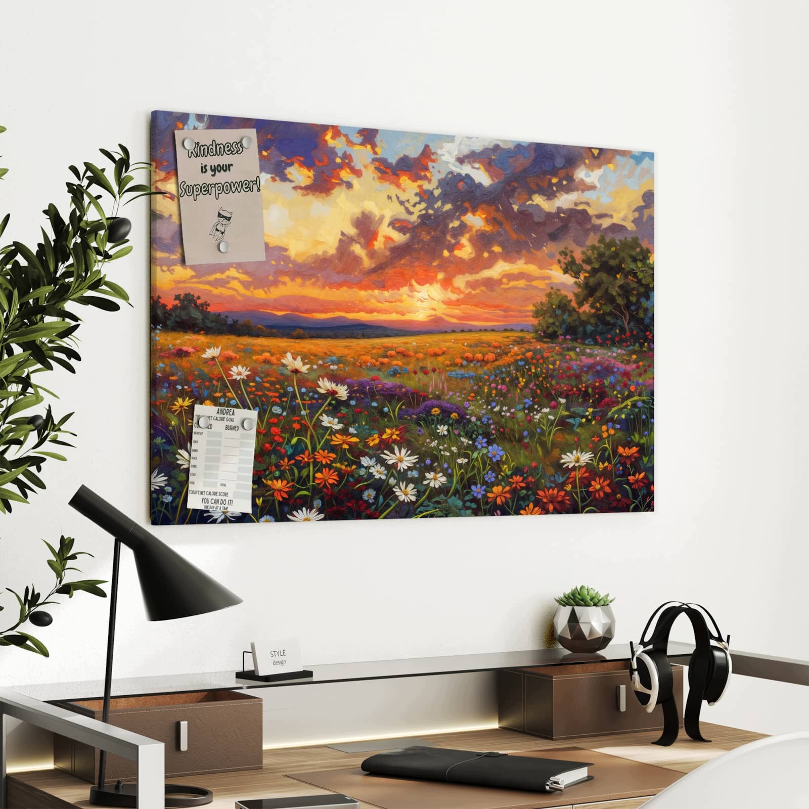 Magnetická tabule Louka květinová Západ slunce 90 × 60 cm