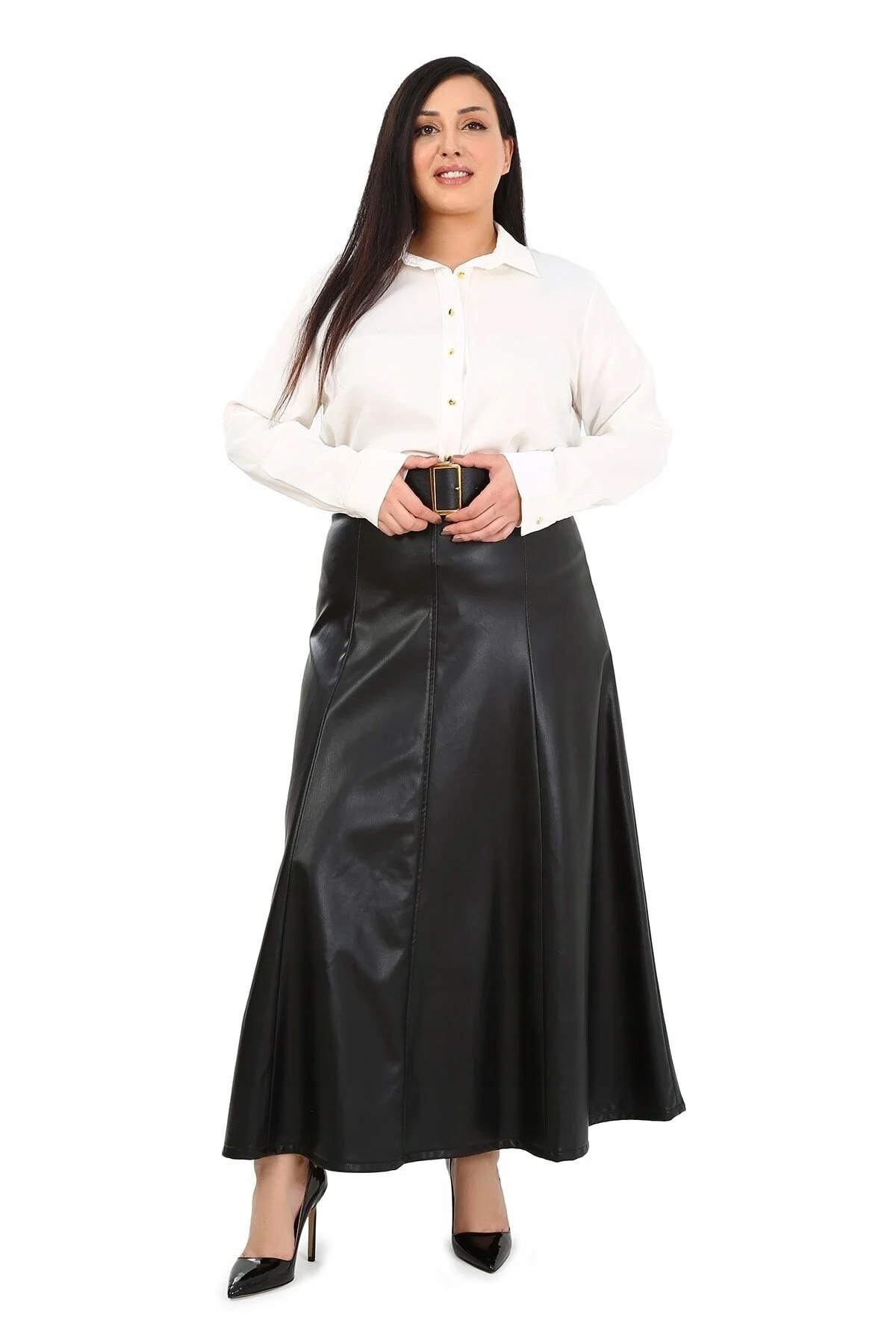 Černá Dlouhá Sukně Z Eko Kůže Rozevřená Plus Size 52 5GA